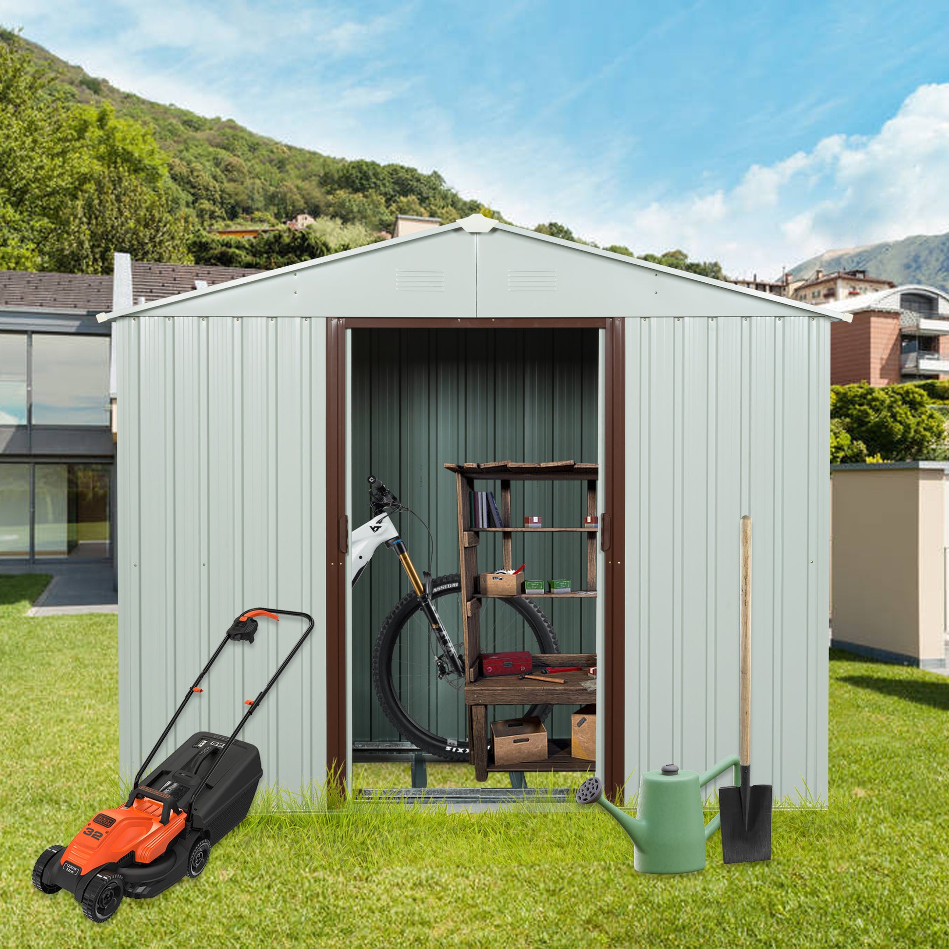 8ft x 4ft Outdoor Metal Garden Storage Shed with Lockable Sliding Door-White_1