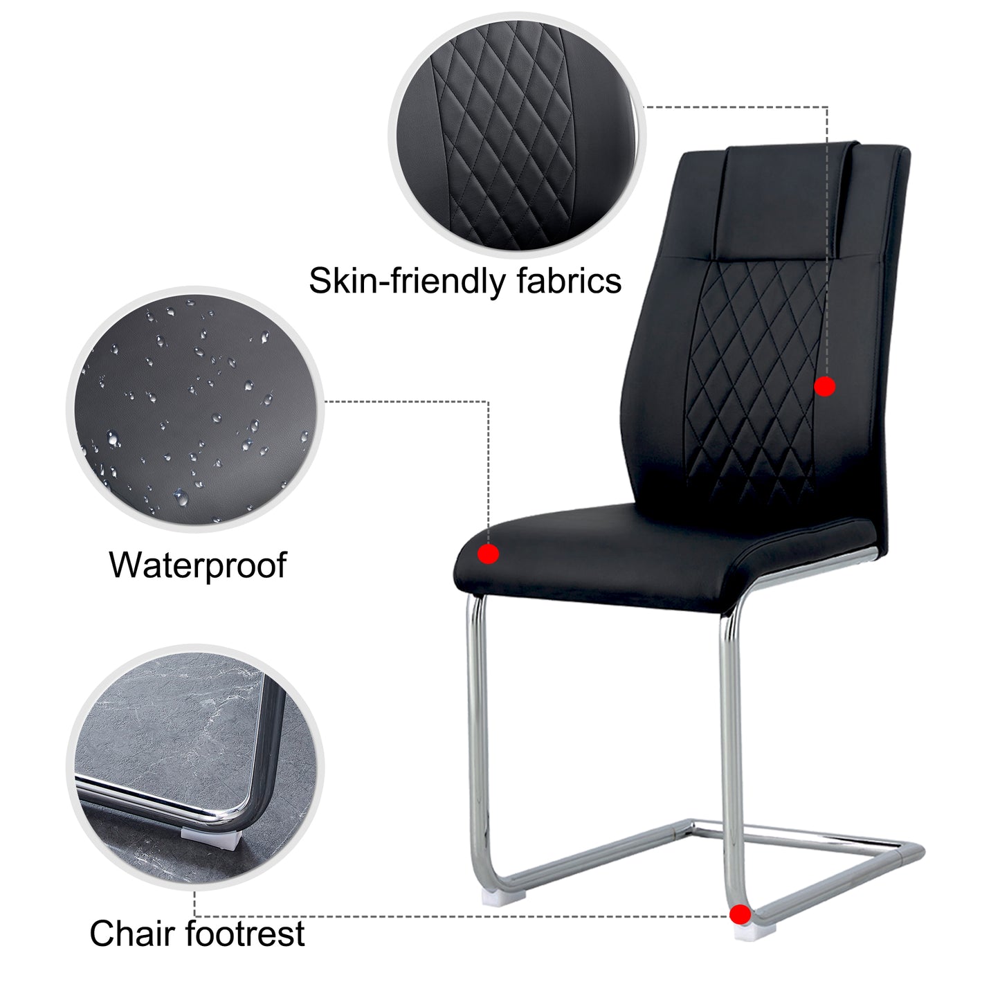 6 Pcs Faux Leather Upholstered Grid High Back Dining Chairs with Metal Base- Black, Silver_18