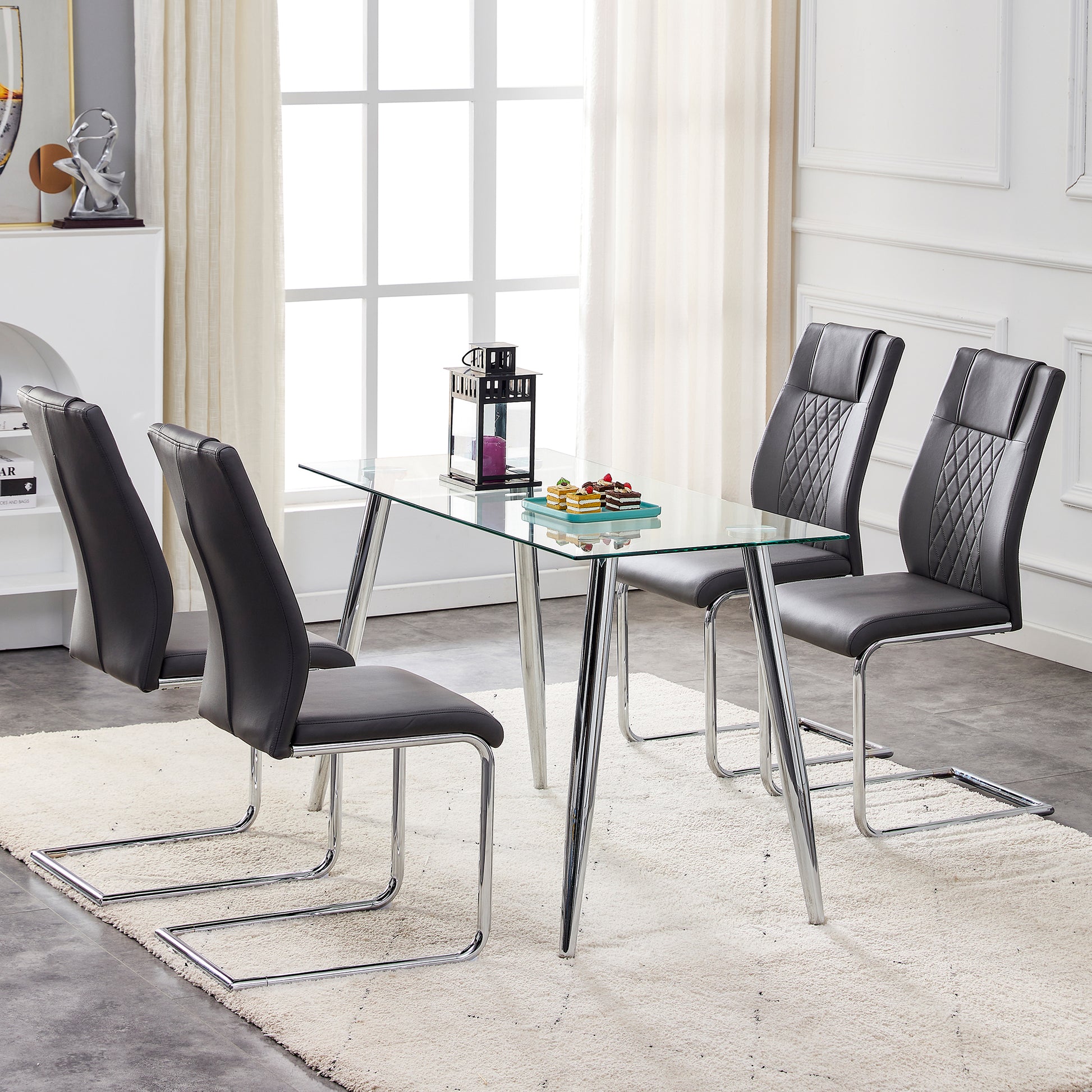 6 Pcs Faux Leather Upholstered Grid High Back Dining Chairs with Metal Base- Black, Silver_4