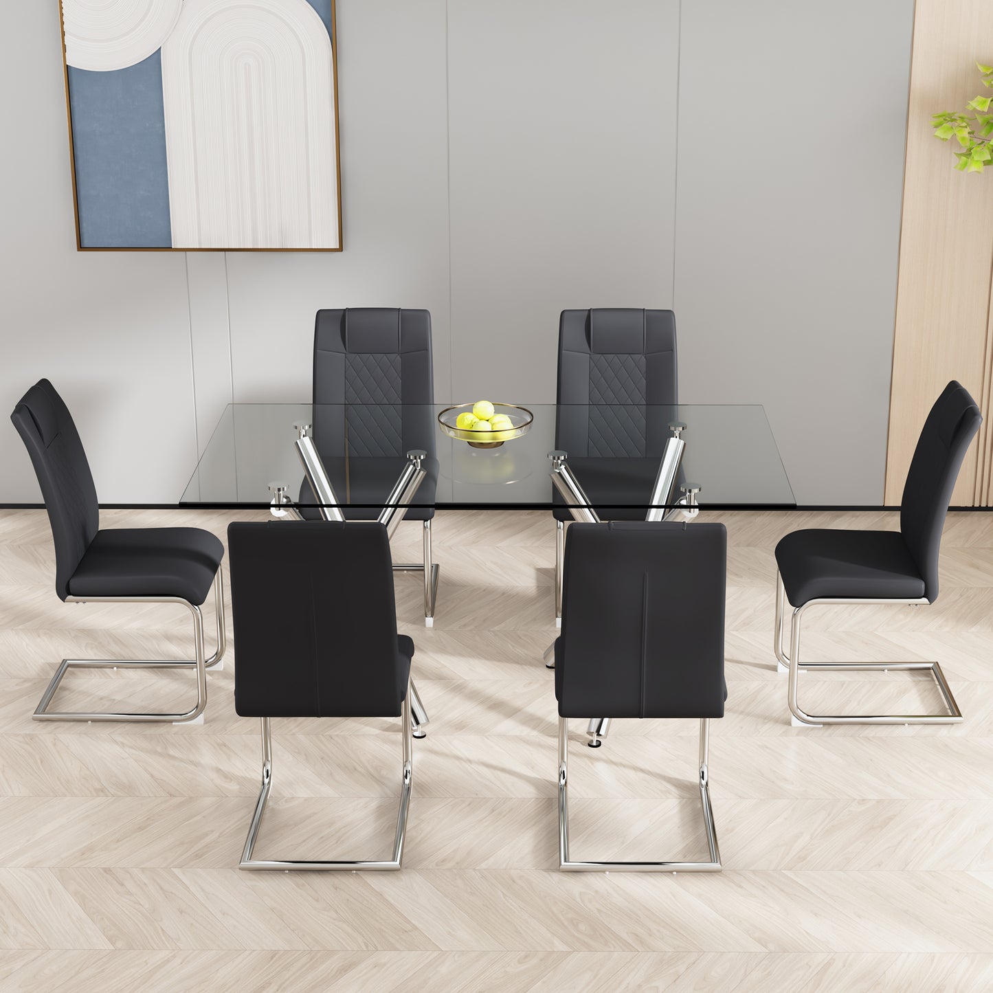 6 Pcs Faux Leather Upholstered Grid High Back Dining Chairs with Metal Base- Black, Silver_3