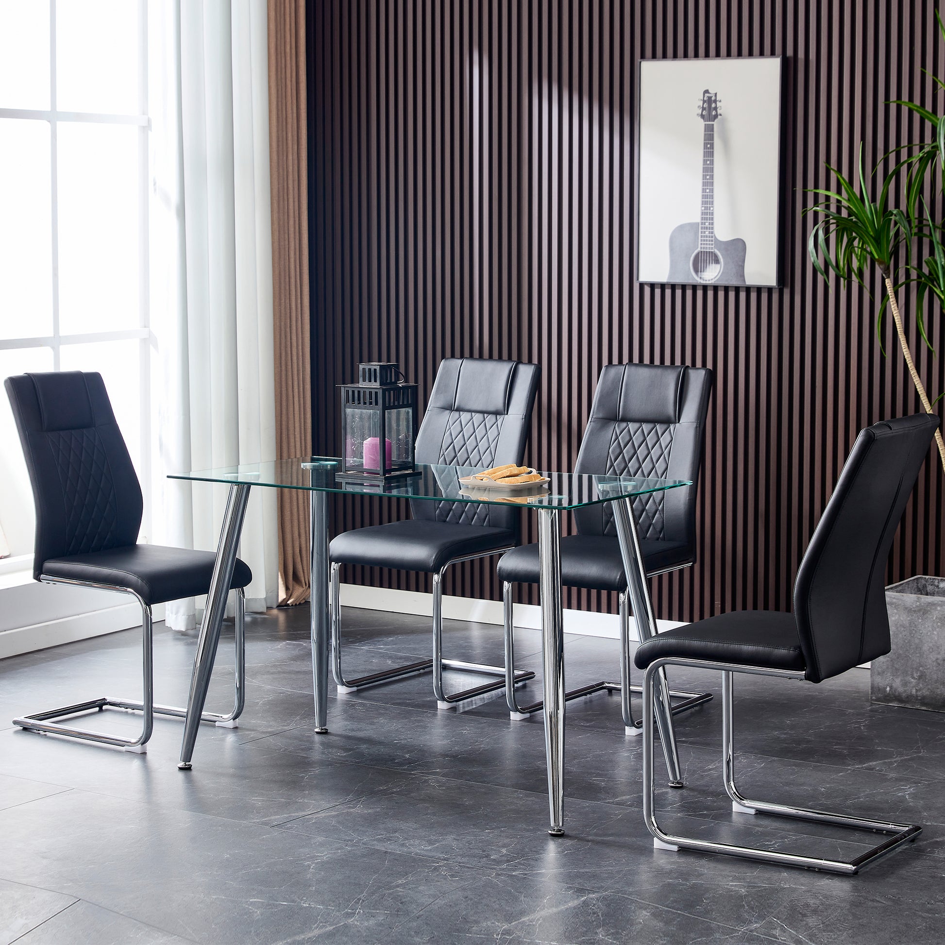 6 Pcs Faux Leather Upholstered Grid High Back Dining Chairs with Metal Base- Black, Silver_8