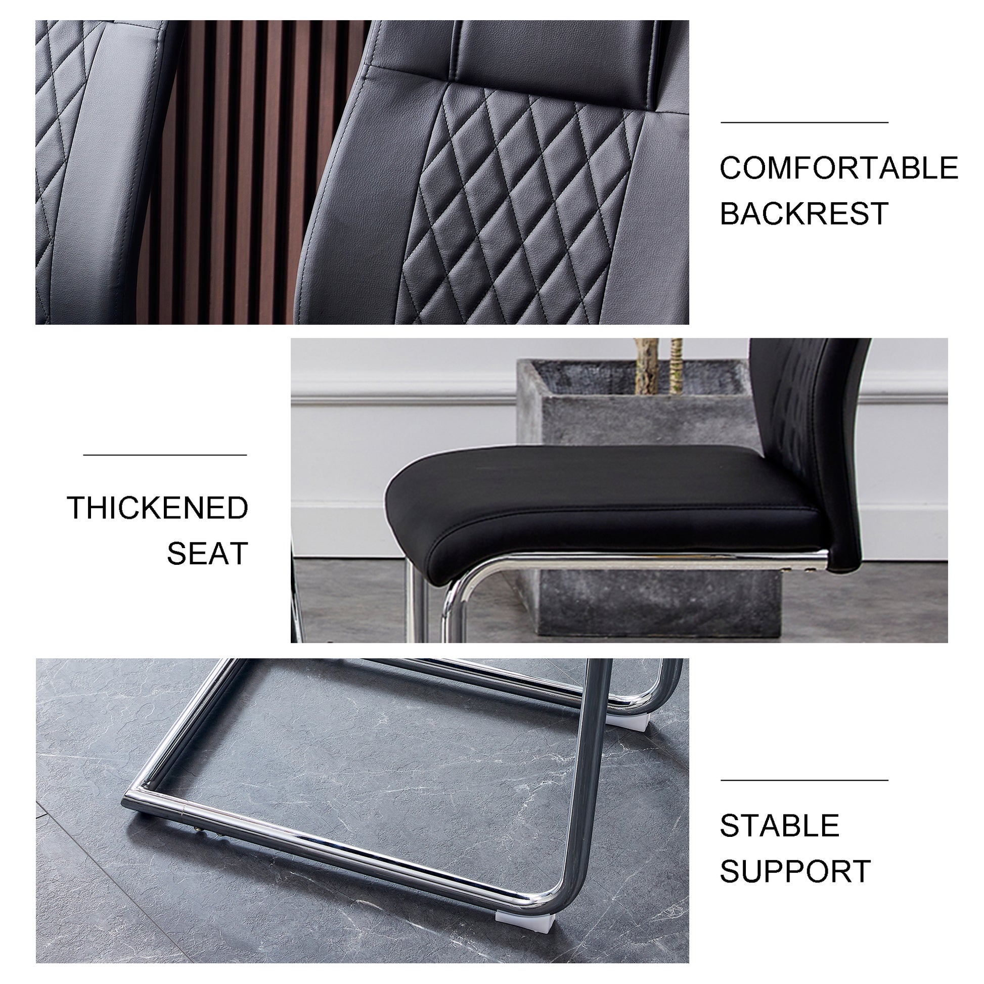 6 Pcs Faux Leather Upholstered Grid High Back Dining Chairs with Metal Base- Black, Silver_16