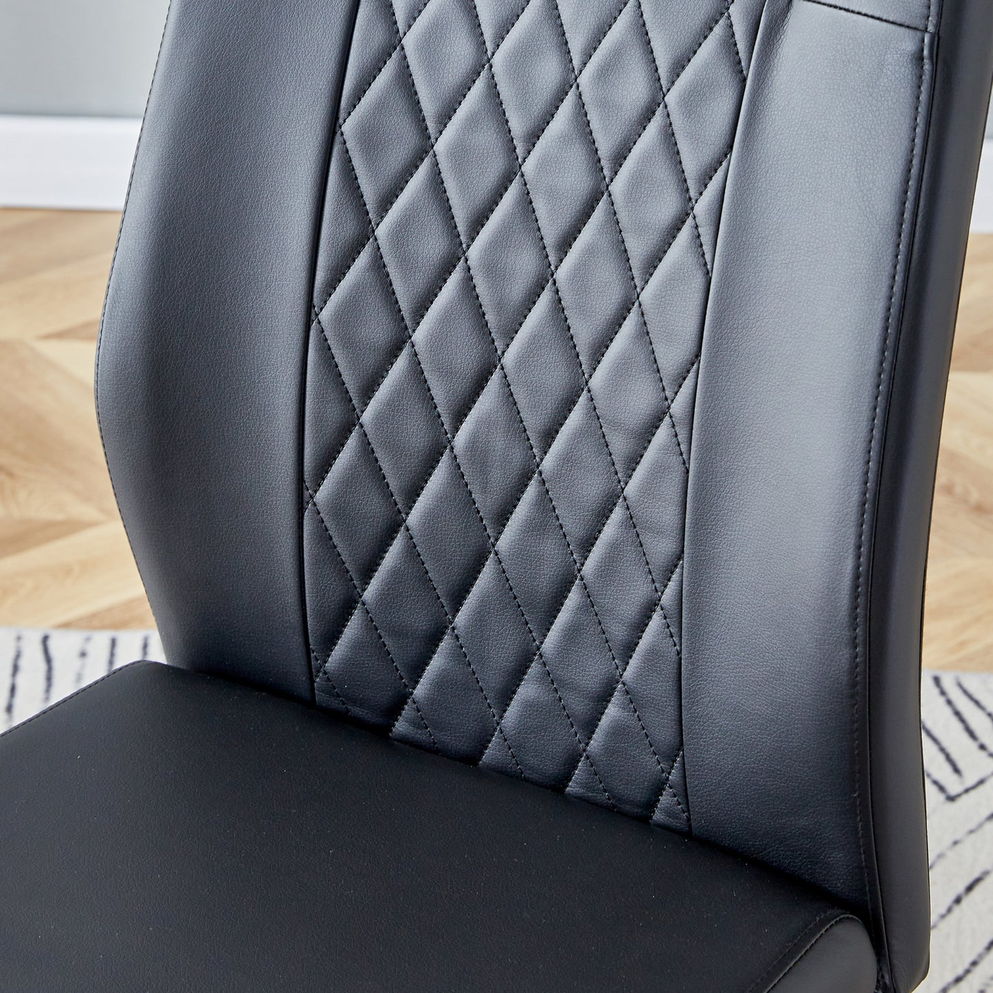 6 Pcs Faux Leather Upholstered Grid High Back Dining Chairs with Metal Base- Black, Silver_9
