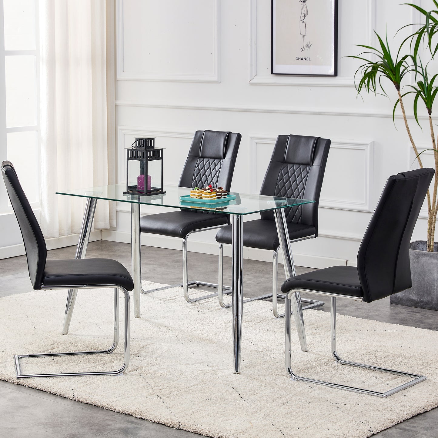 6 Pcs Faux Leather Upholstered Grid High Back Dining Chairs with Metal Base- Black, Silver_7