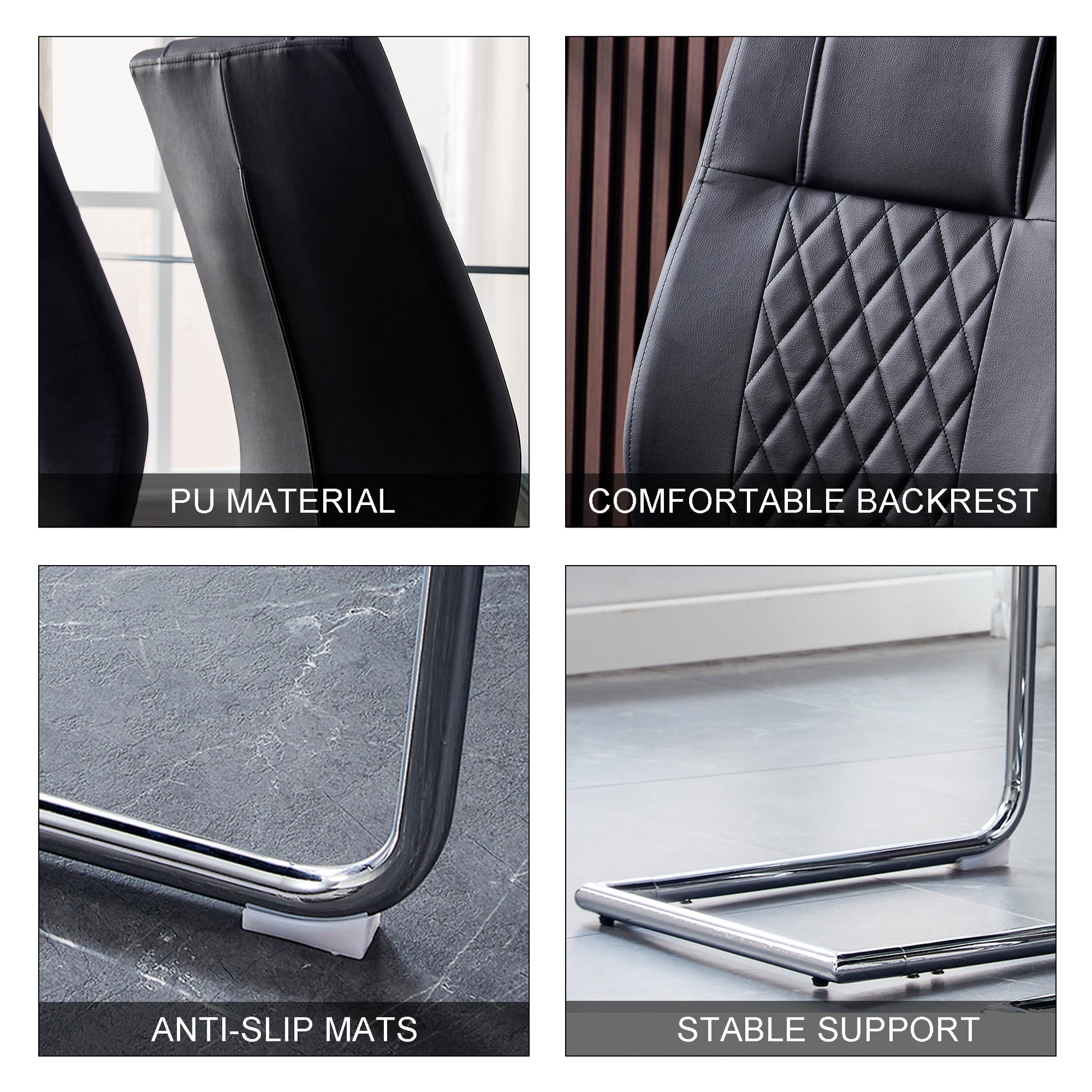 6 Pcs Faux Leather Upholstered Grid High Back Dining Chairs with Metal Base- Black, Silver_15