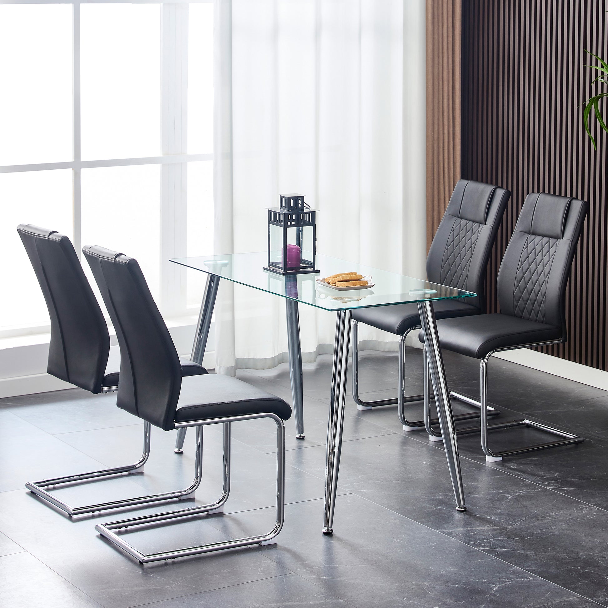 6 Pcs Faux Leather Upholstered Grid High Back Dining Chairs with Metal Base- Black, Silver_5