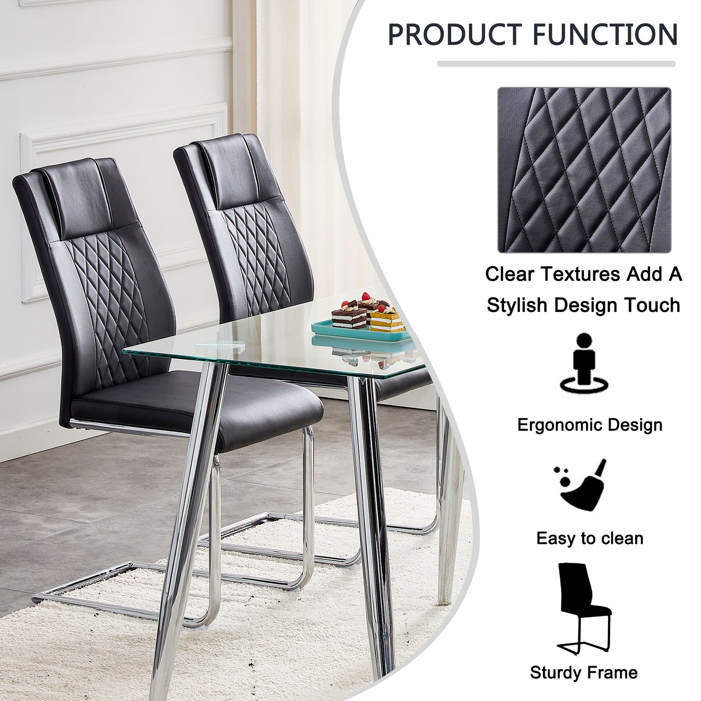 6 Pcs Faux Leather Upholstered Grid High Back Dining Chairs with Metal Base- Black, Silver_17