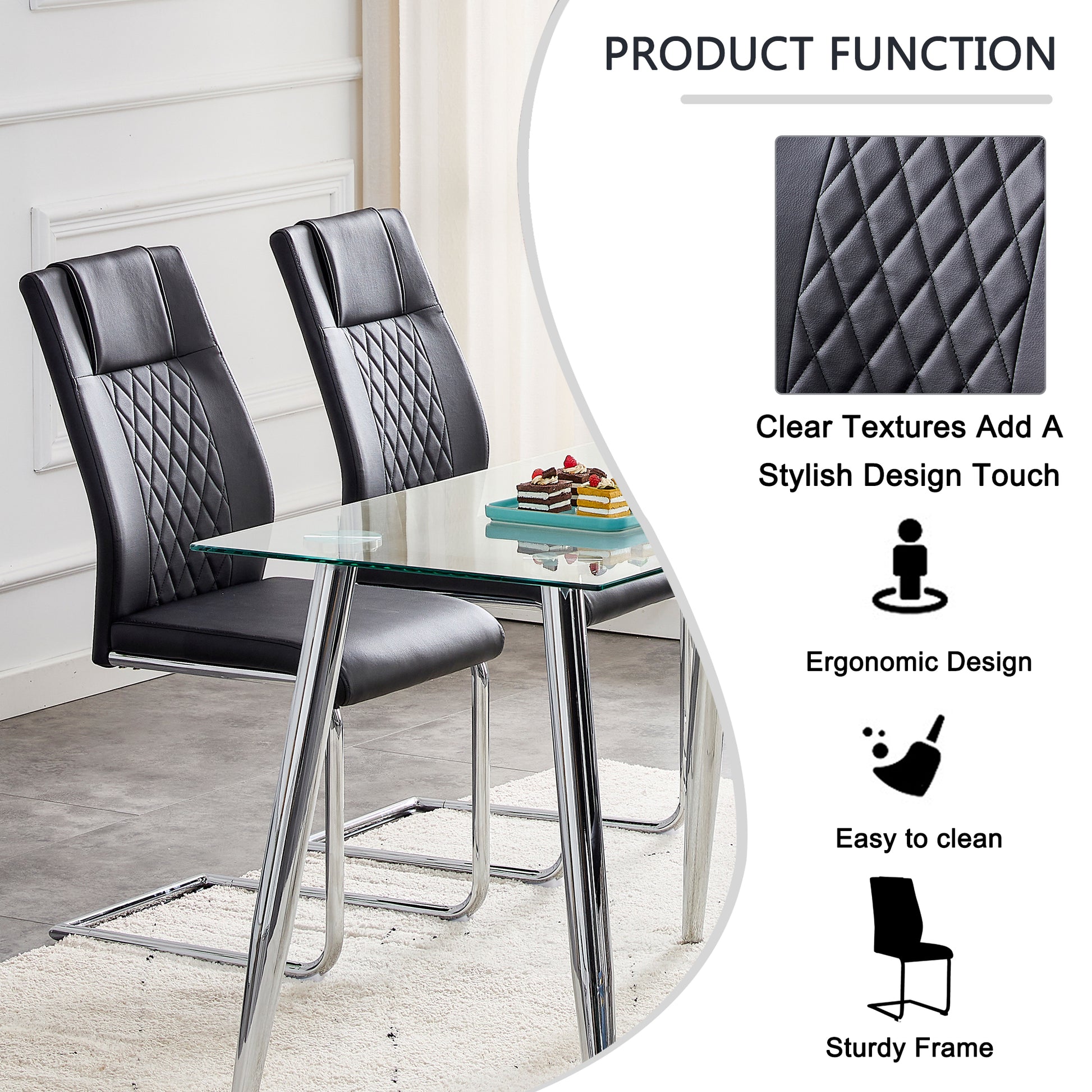 6 Pcs Faux Leather Upholstered Grid High Back Dining Chairs with Metal Base- Black, Silver_17