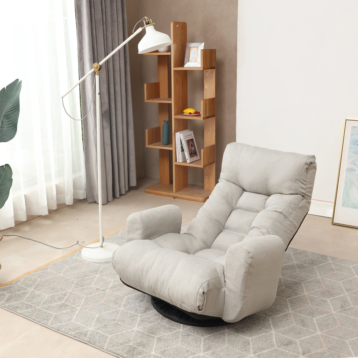 Swivel Indoor Recliner Floor Chair with Adjustable Headrest and Side Pockets- Gray_8