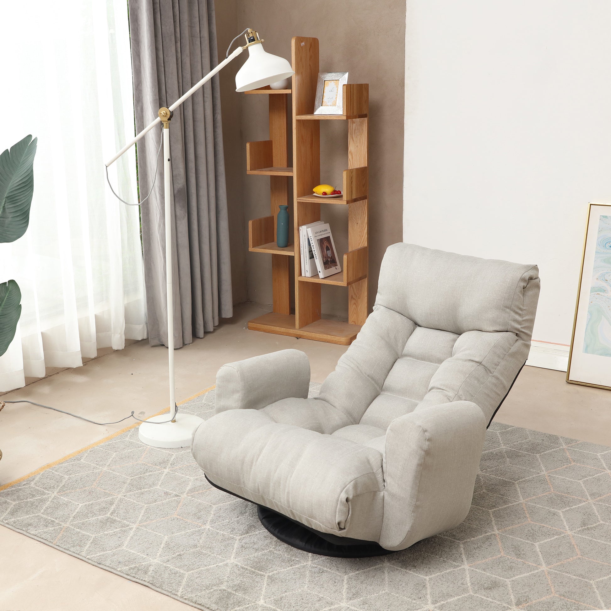 Swivel Indoor Recliner Floor Chair with Adjustable Headrest and Side Pockets- Gray_8