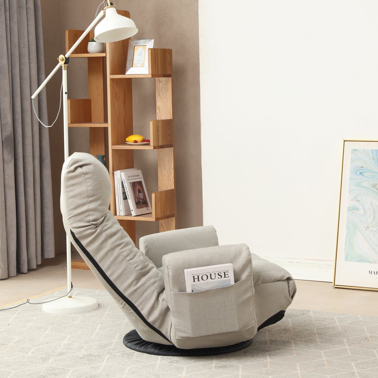 Swivel Indoor Recliner Floor Chair with Adjustable Headrest and Side Pockets- Gray_5