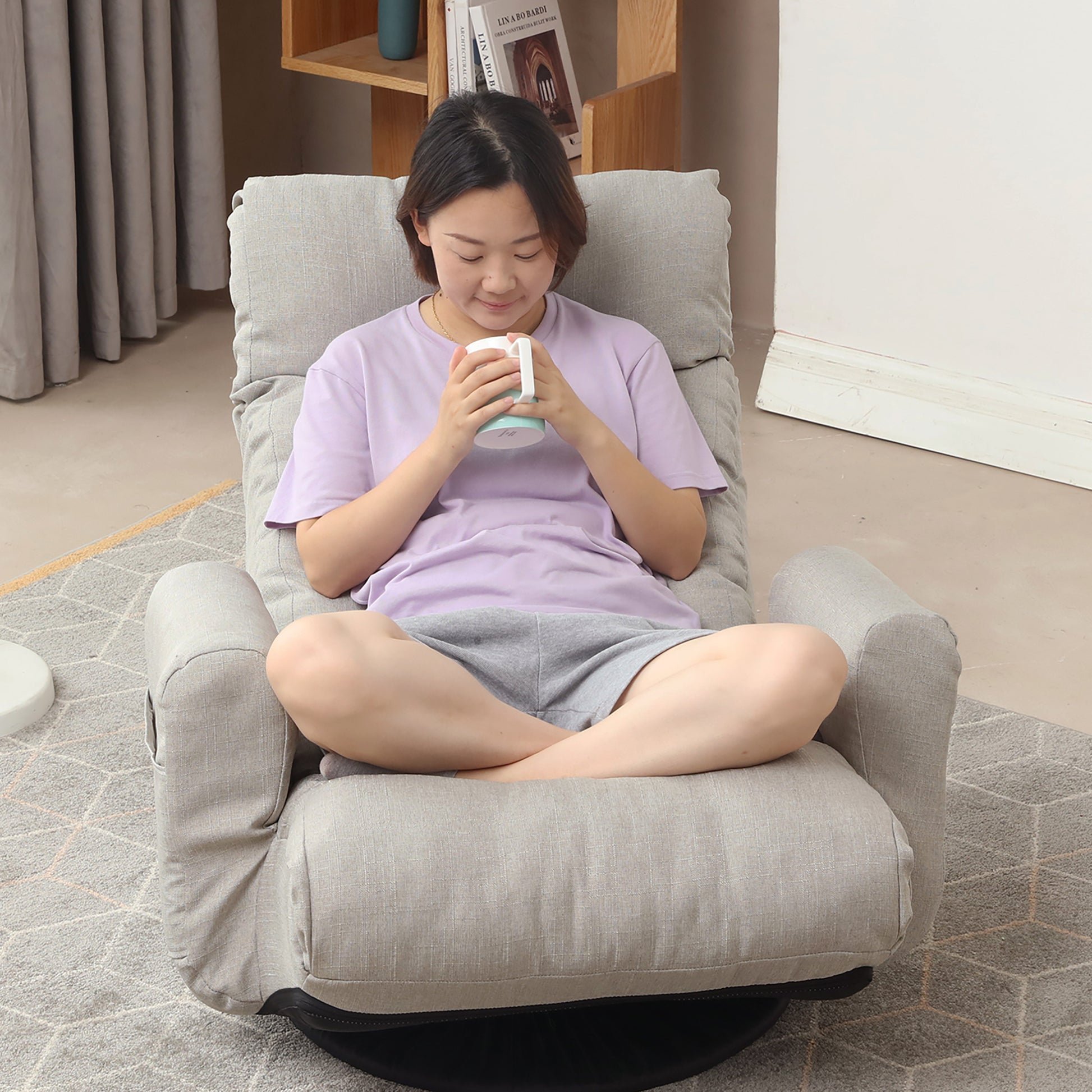 Swivel Indoor Recliner Floor Chair with Adjustable Headrest and Side Pockets- Gray_3