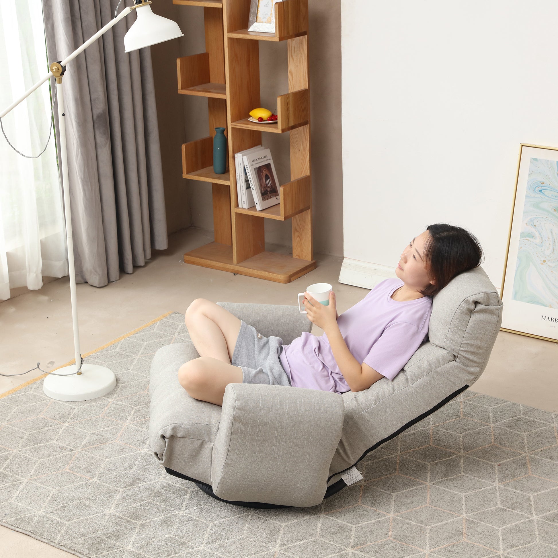 Swivel Indoor Recliner Floor Chair with Adjustable Headrest and Side Pockets- Gray_1