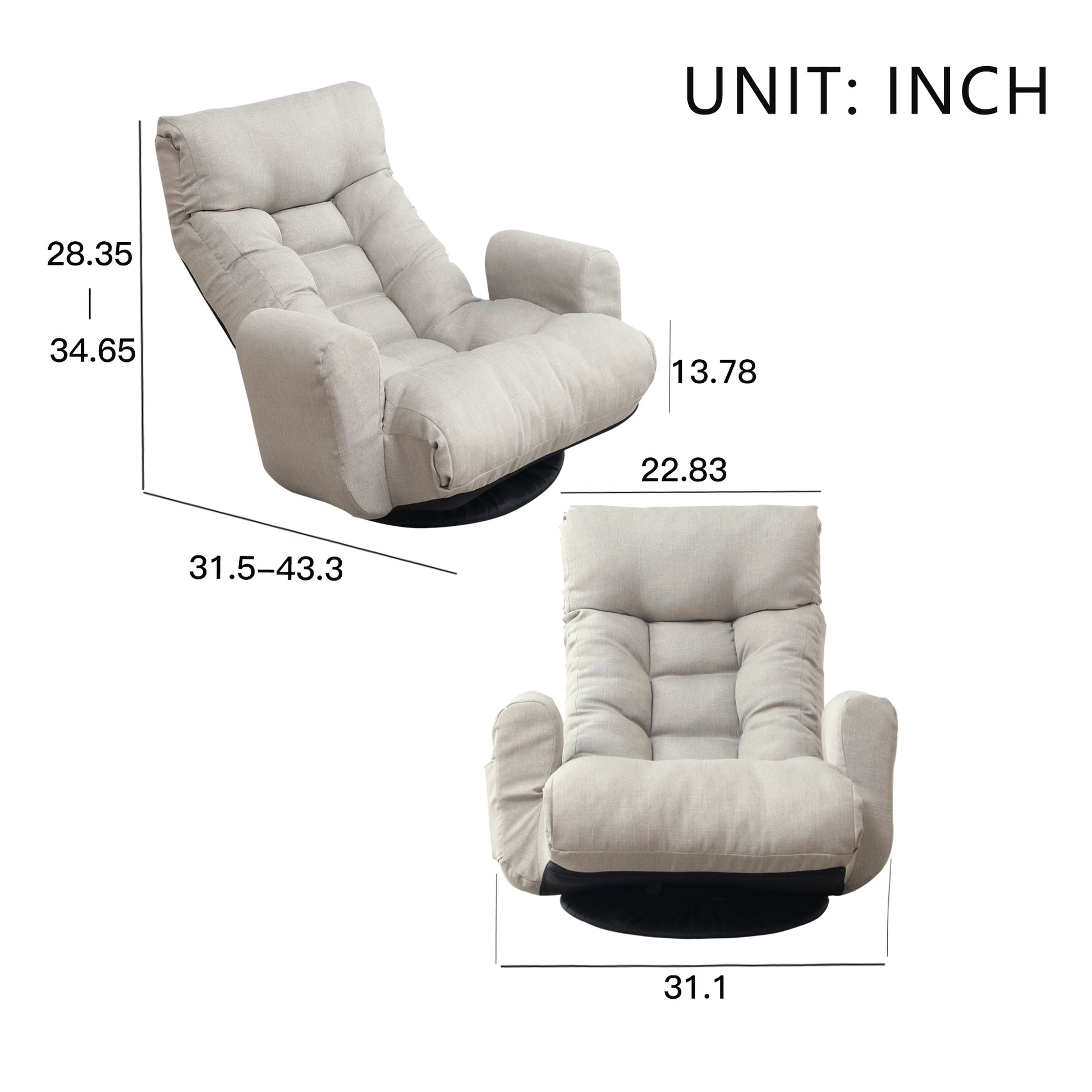 Swivel Indoor Recliner Floor Chair with Adjustable Headrest and Side Pockets- Gray_7