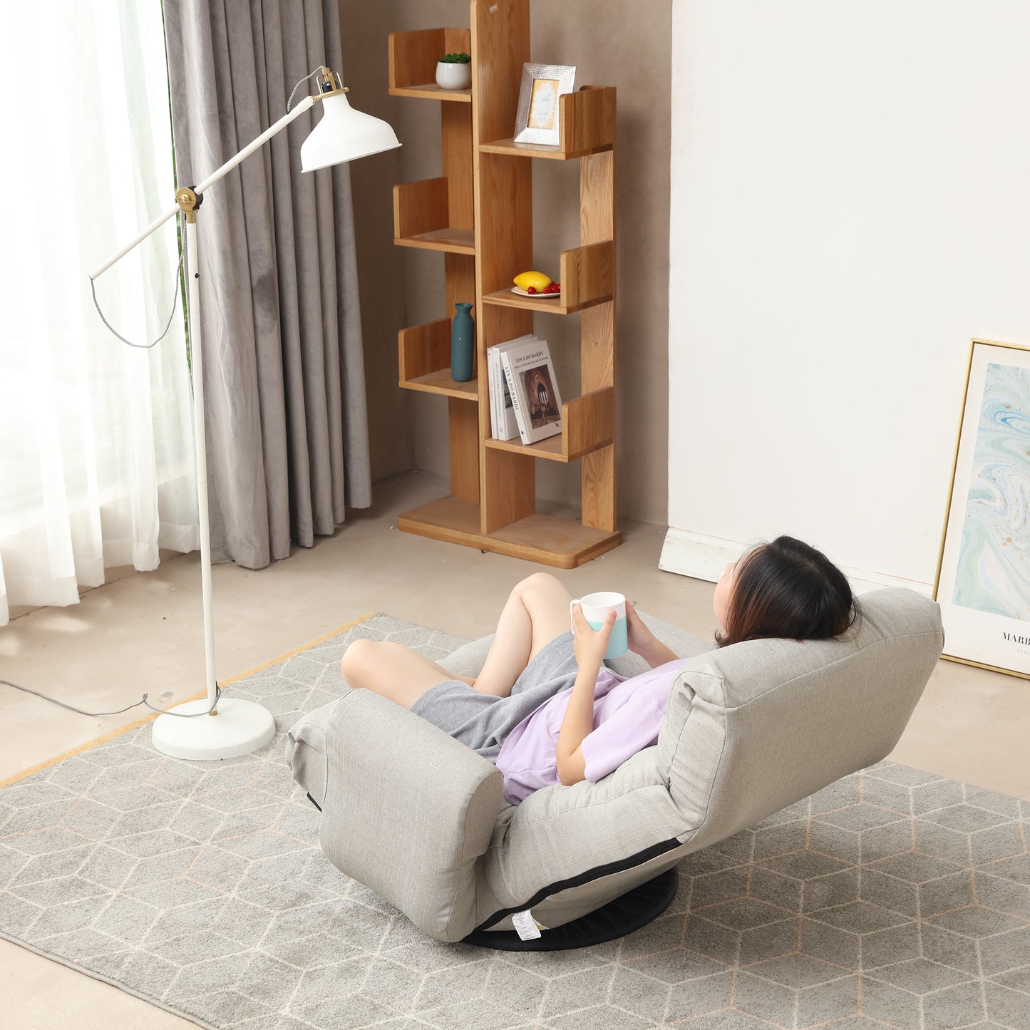 Swivel Indoor Recliner Floor Chair with Adjustable Headrest and Side Pockets- Gray_12