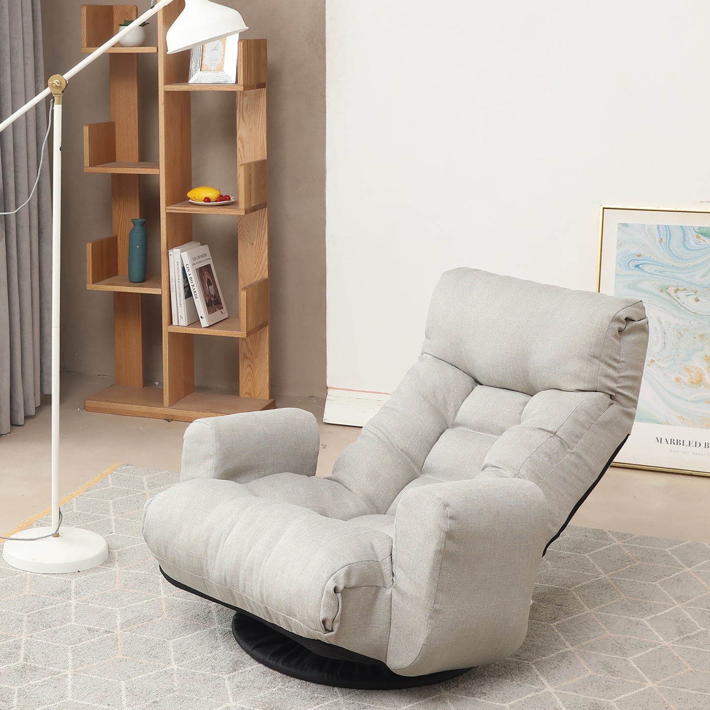 Swivel Indoor Recliner Floor Chair with Adjustable Headrest and Side Pockets- Gray_14