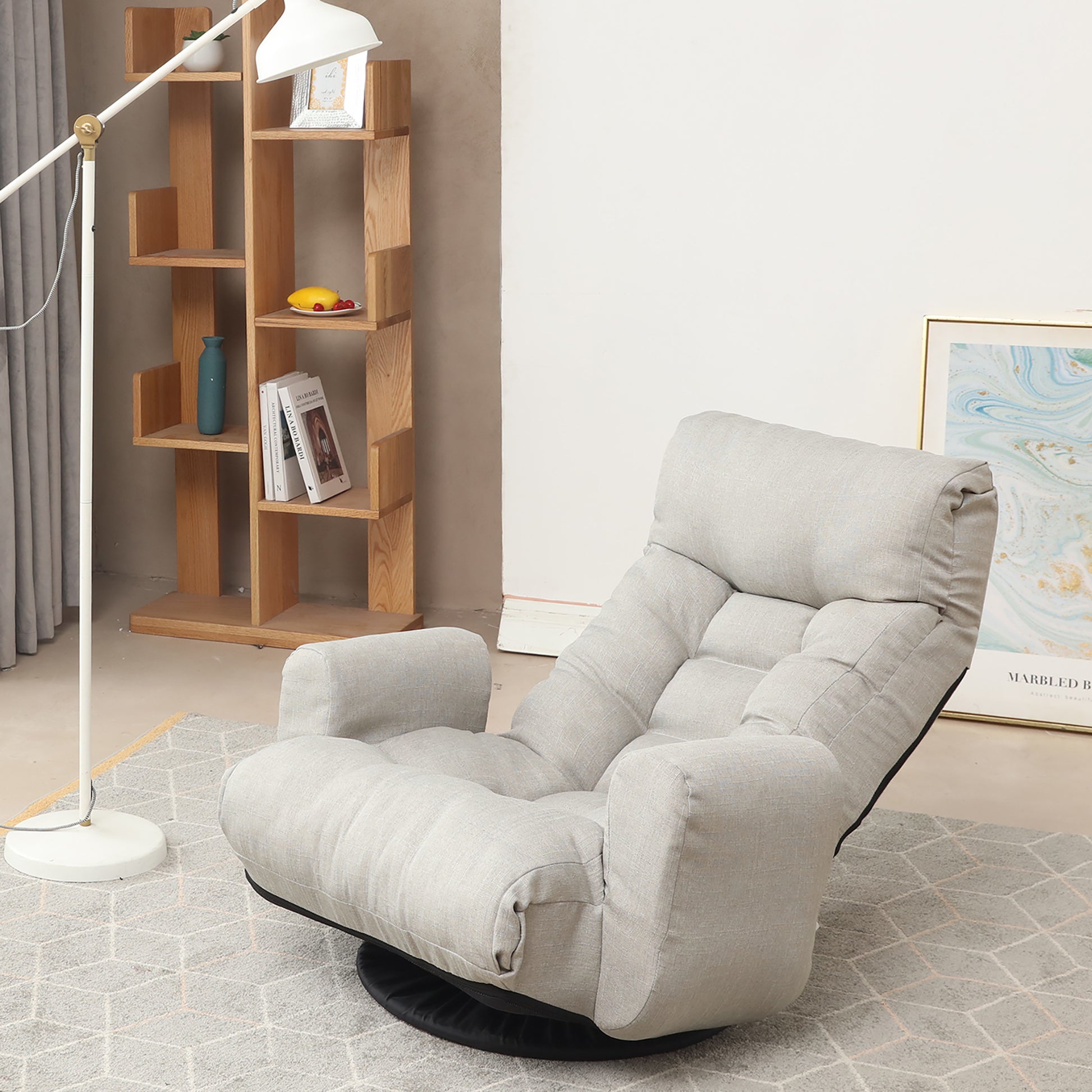 Swivel Indoor Recliner Floor Chair with Adjustable Headrest and Side Pockets- Gray_14