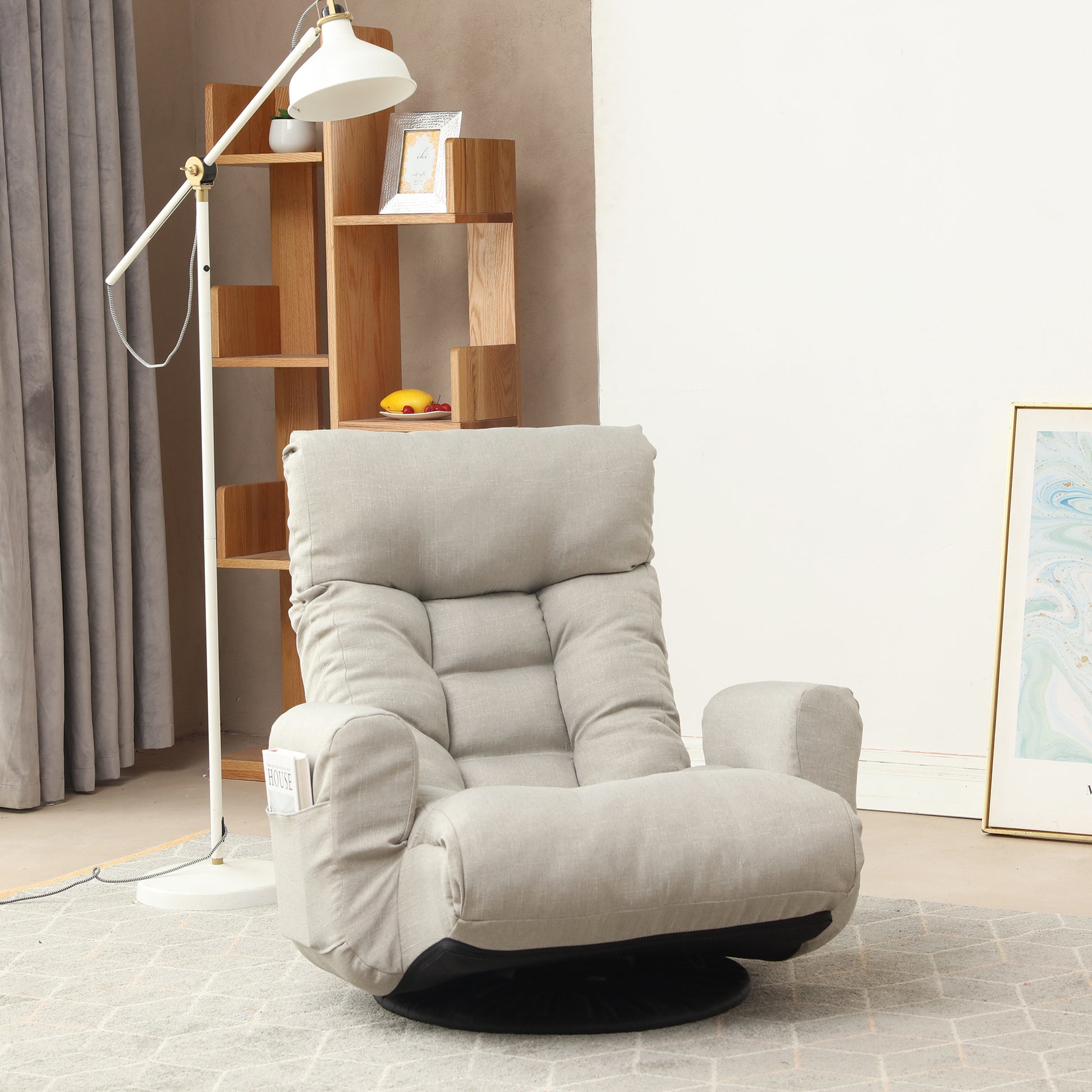 Swivel Indoor Recliner Floor Chair with Adjustable Headrest and Side Pockets- Gray_11