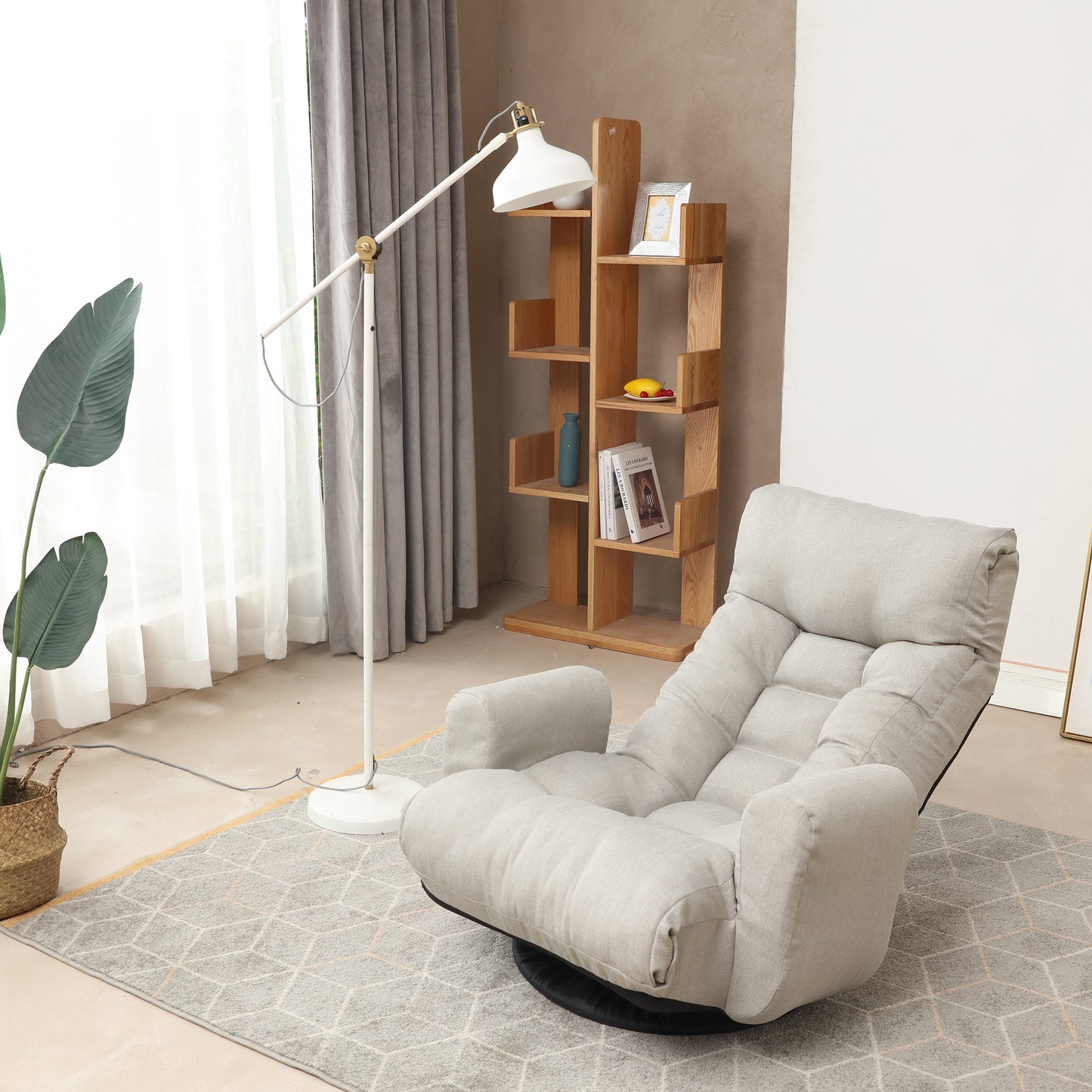 Swivel Indoor Recliner Floor Chair with Adjustable Headrest and Side Pockets- Gray_13