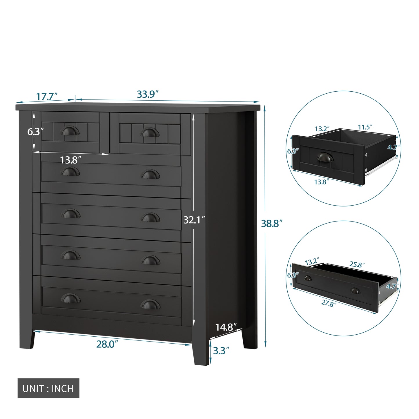 6 Drawers Wood Accent Stylish Tall Dresser Chest and Storage Organizer- Black_4