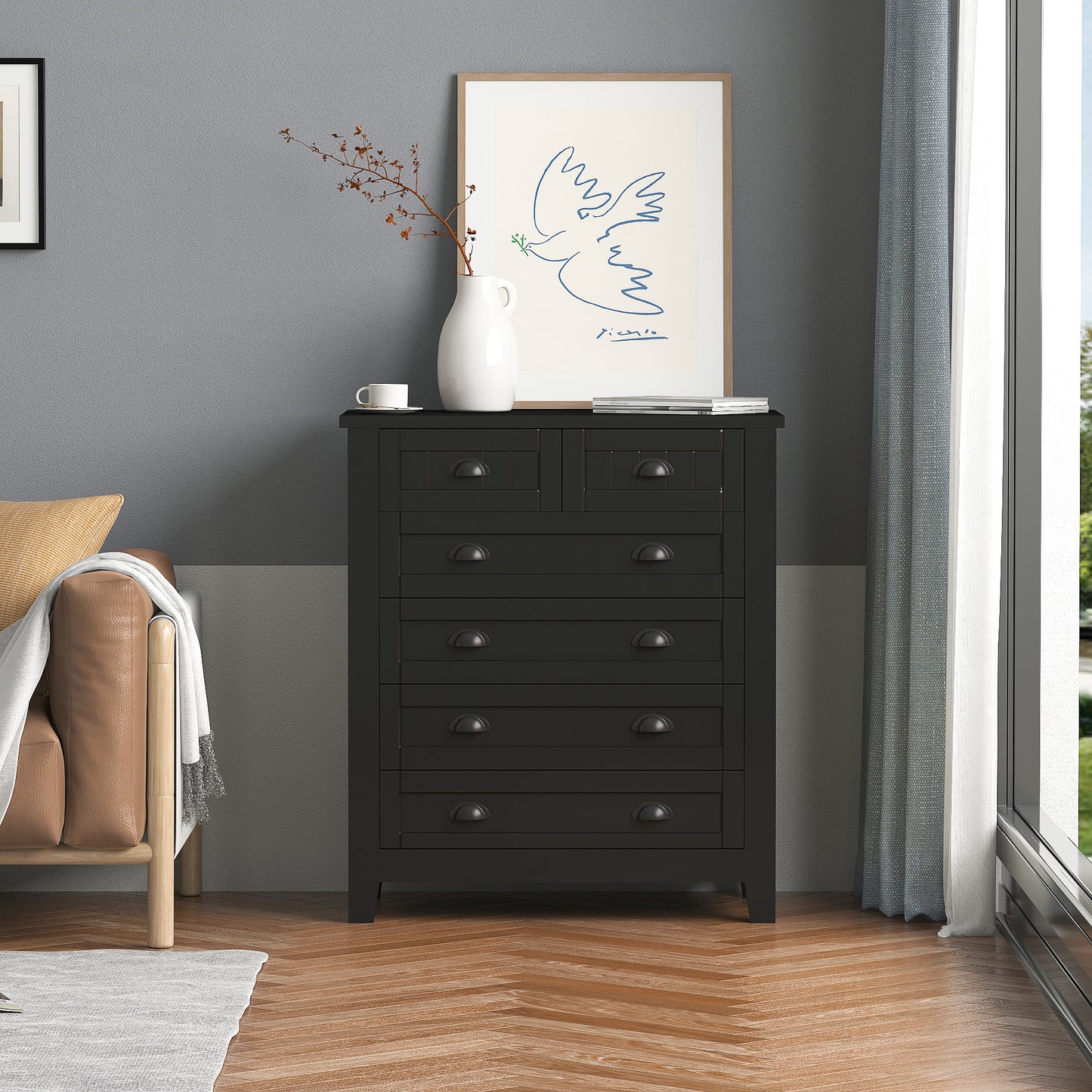 6 Drawers Wood Accent Stylish Tall Dresser Chest and Storage Organizer- Black_2