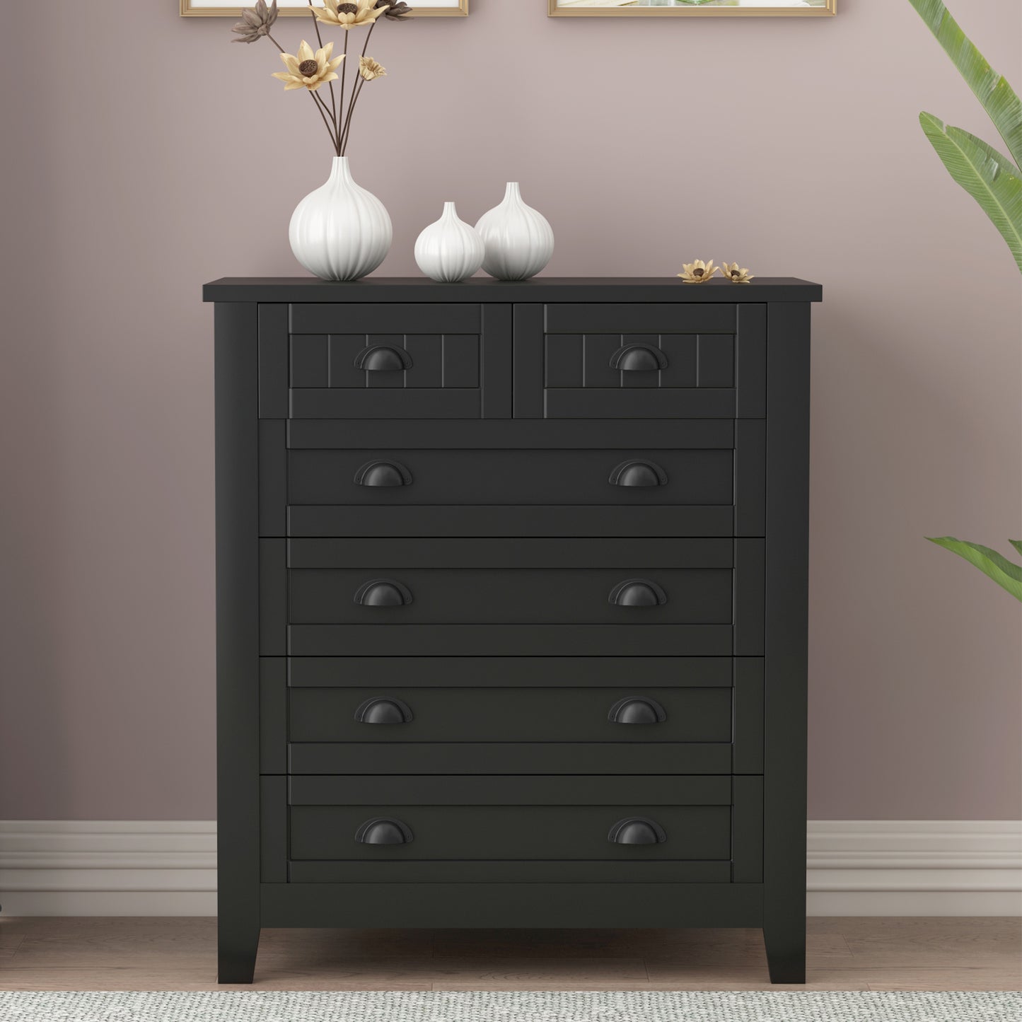 6 Drawers Wood Accent Stylish Tall Dresser Chest and Storage Organizer- Black_0