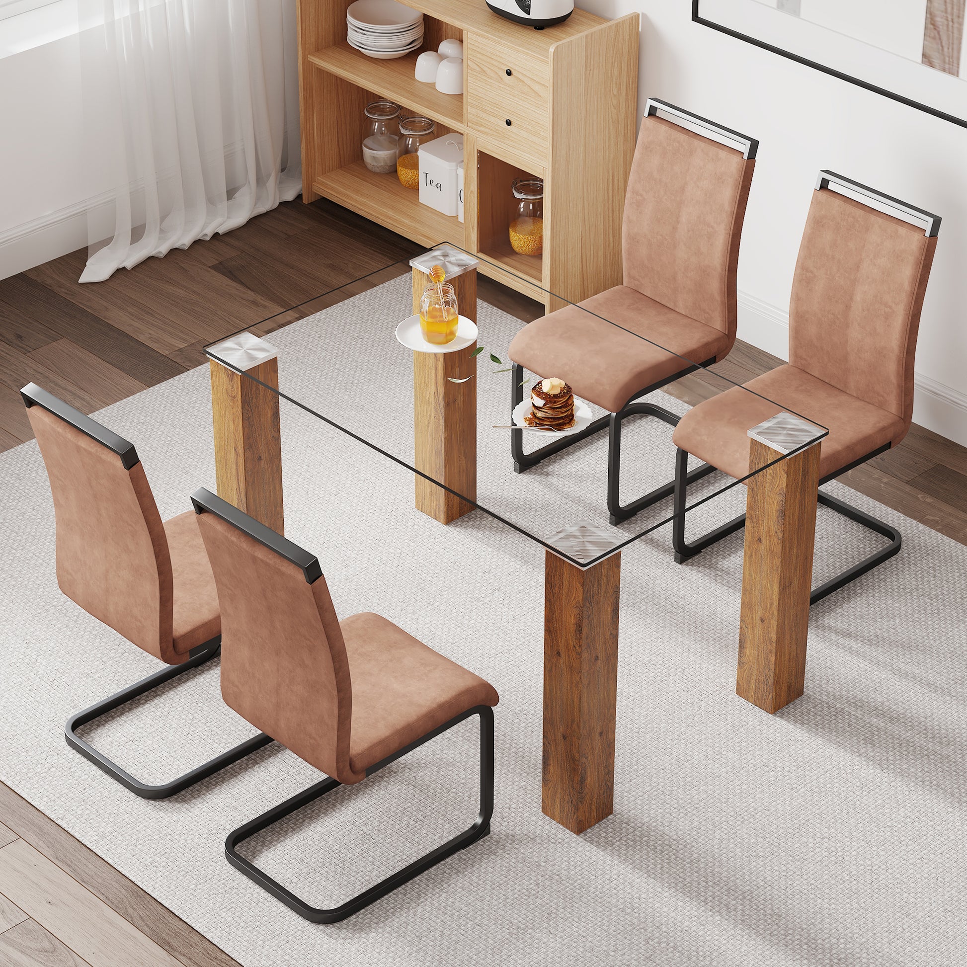 Modern Minimalist Tempered Glass Dining Table with Wooden MDF Legs- Wood_3
