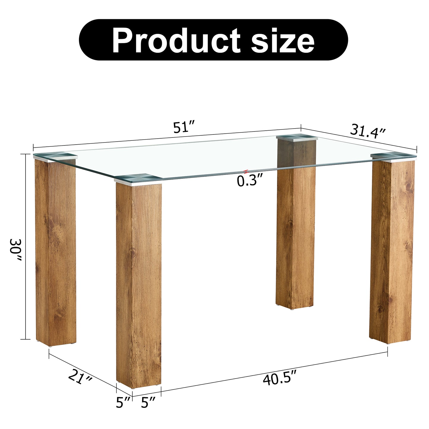 Modern Minimalist Tempered Glass Dining Table with Wooden MDF Legs- Wood_6