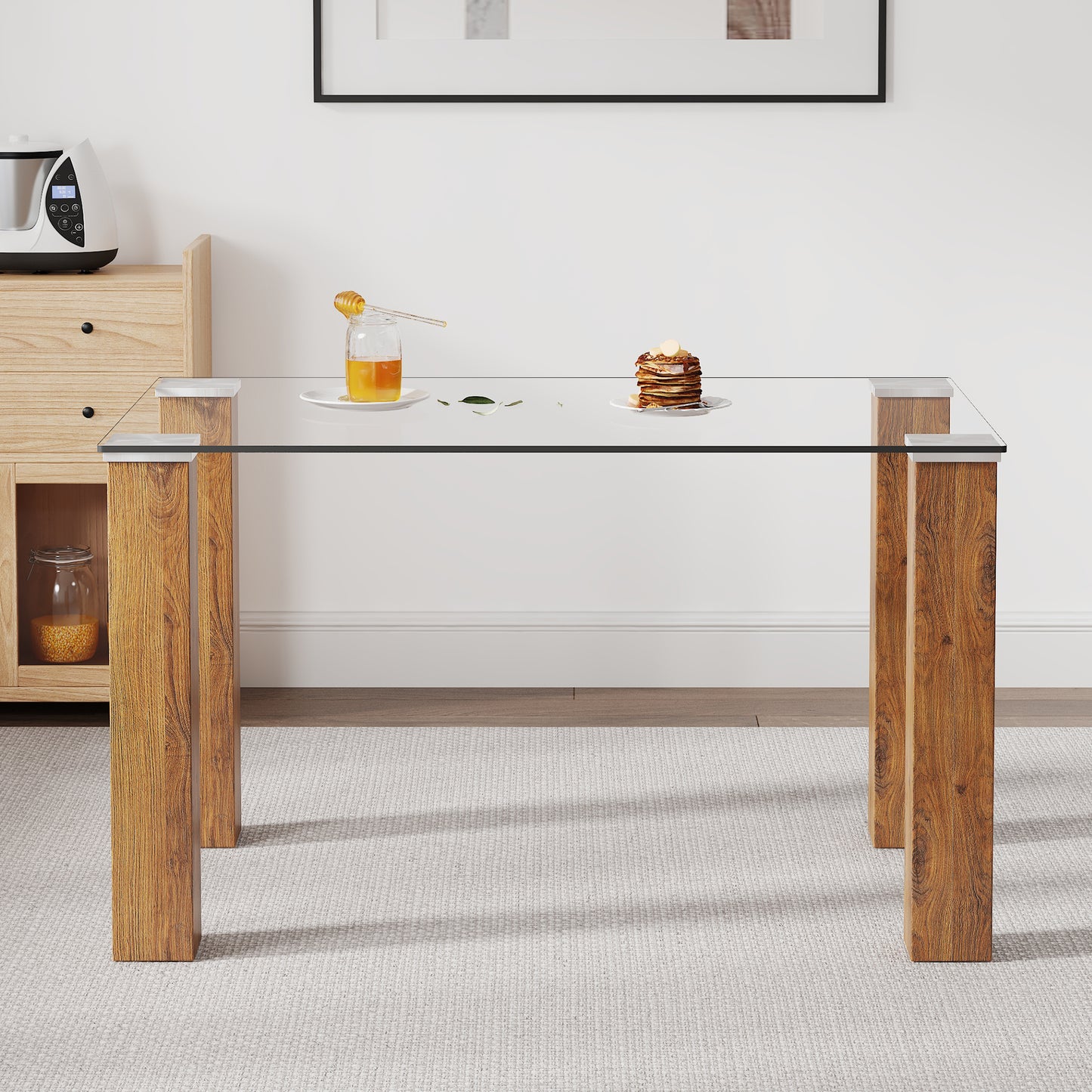 Modern Minimalist Tempered Glass Dining Table with Wooden MDF Legs- Wood_2