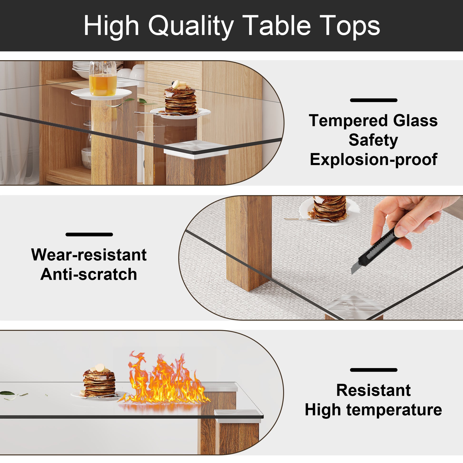 Modern Minimalist Tempered Glass Dining Table with Wooden MDF Legs- Wood_9