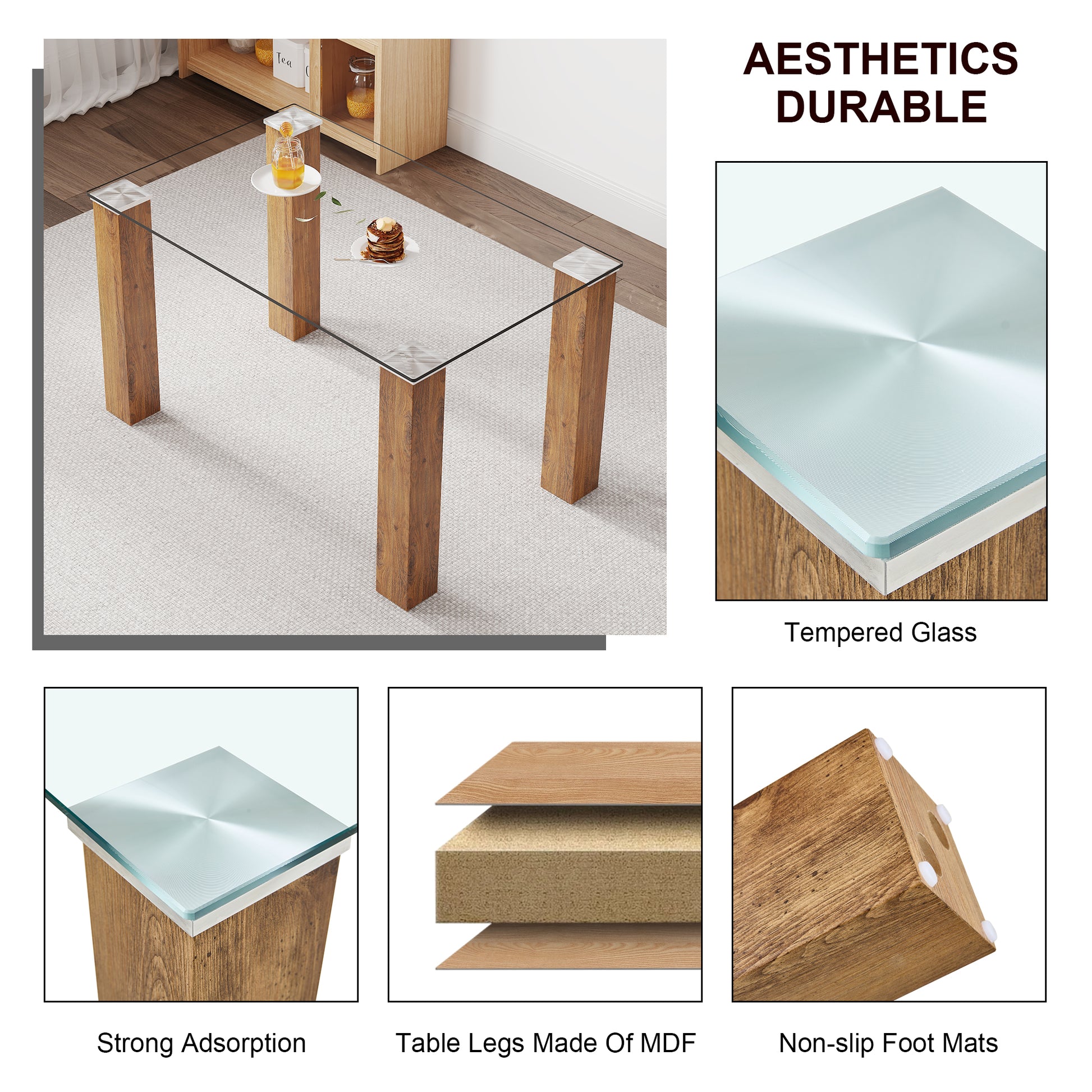 Modern Minimalist Tempered Glass Dining Table with Wooden MDF Legs- Wood_8
