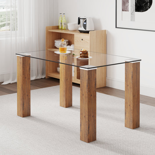 Modern Minimalist Tempered Glass Dining Table with Wooden MDF Legs- Wood_0
