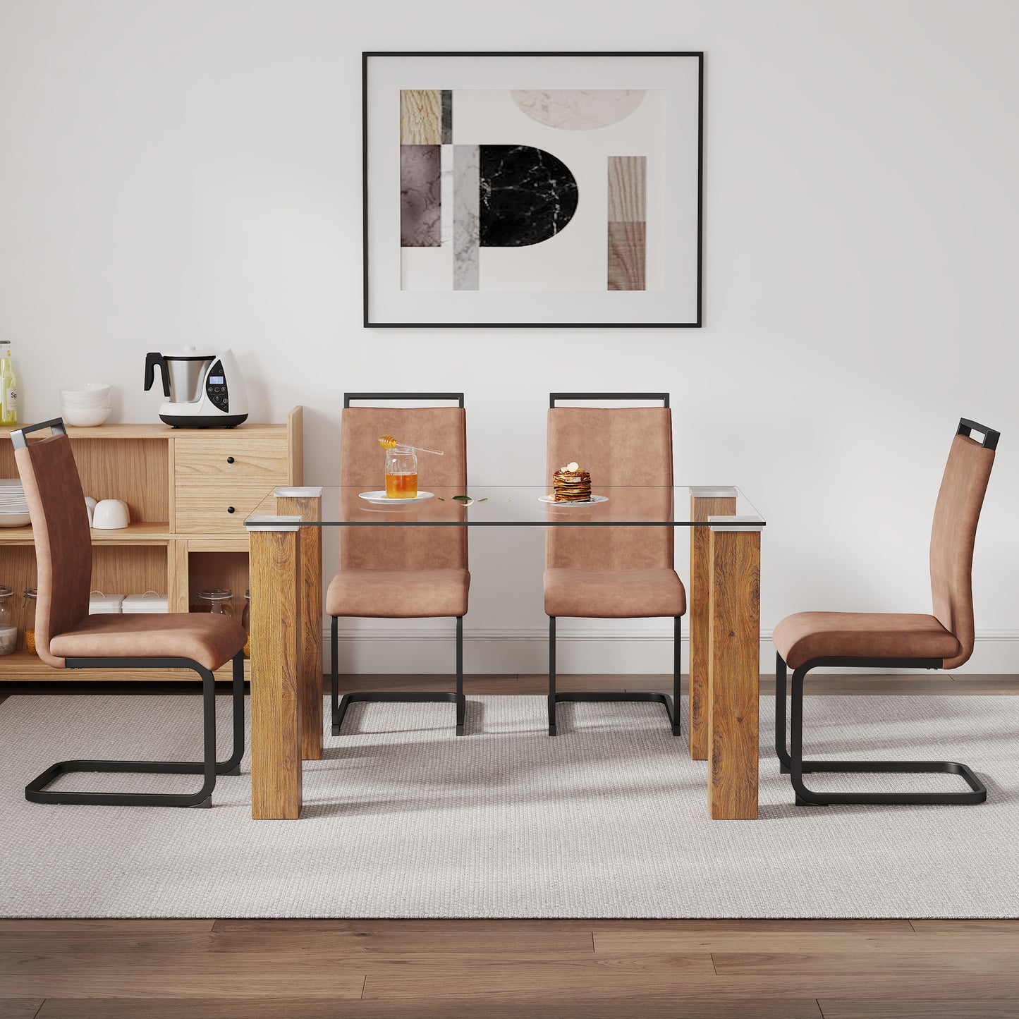 Modern Minimalist Tempered Glass Dining Table with Wooden MDF Legs- Wood_5