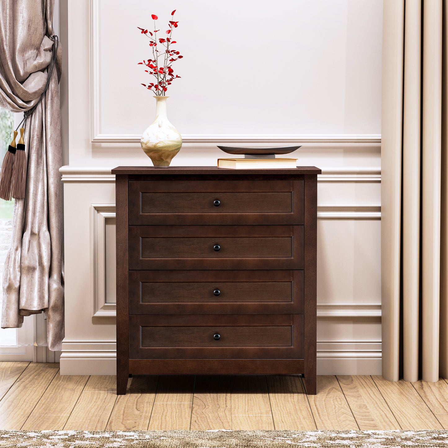 4 Drawers Wooden Stylish Side Board Dresser and Storage Organizer- Auburn_0