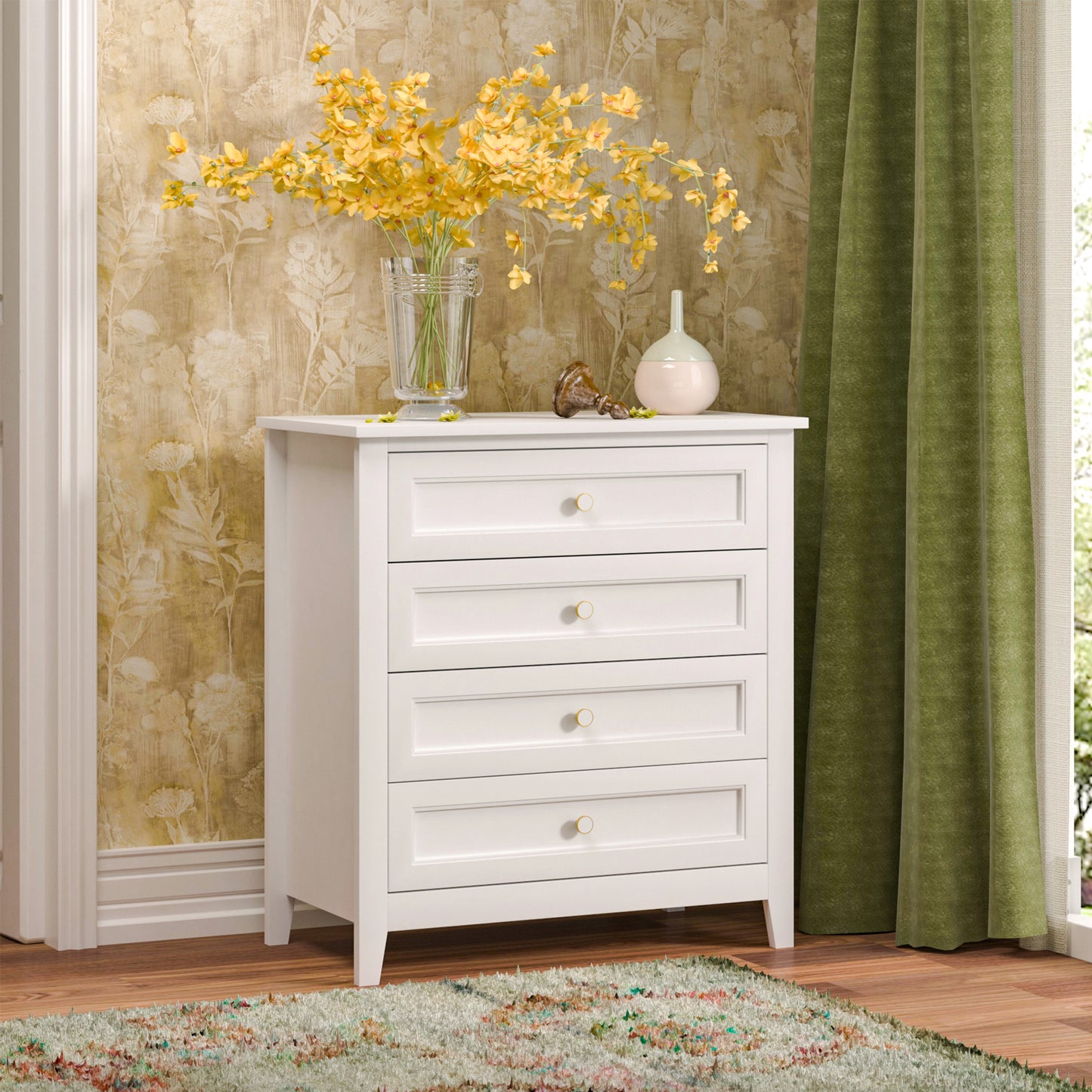 4 Drawers Wooden Stylish Side Board Dresser and Storage Organizer- White_3