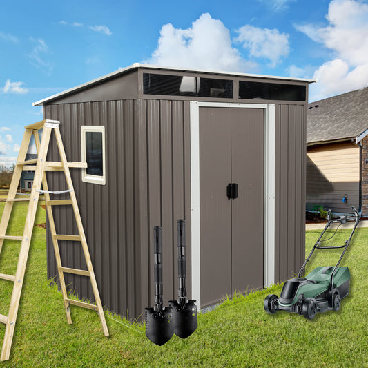 6ft x 5ft Outdoor Metal Storage Shed With Window and Transparent Plate- Gray_0