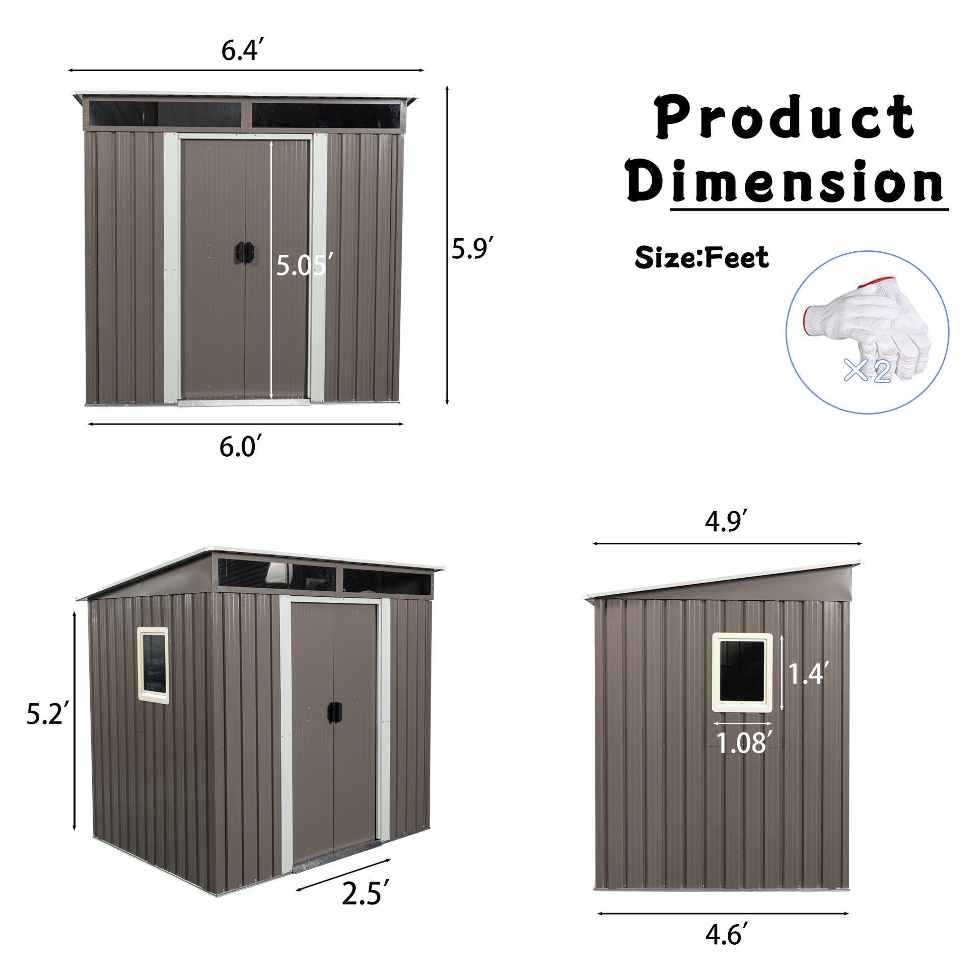 6ft x 5ft Outdoor Metal Storage Shed With Window and Transparent Plate- Gray_5