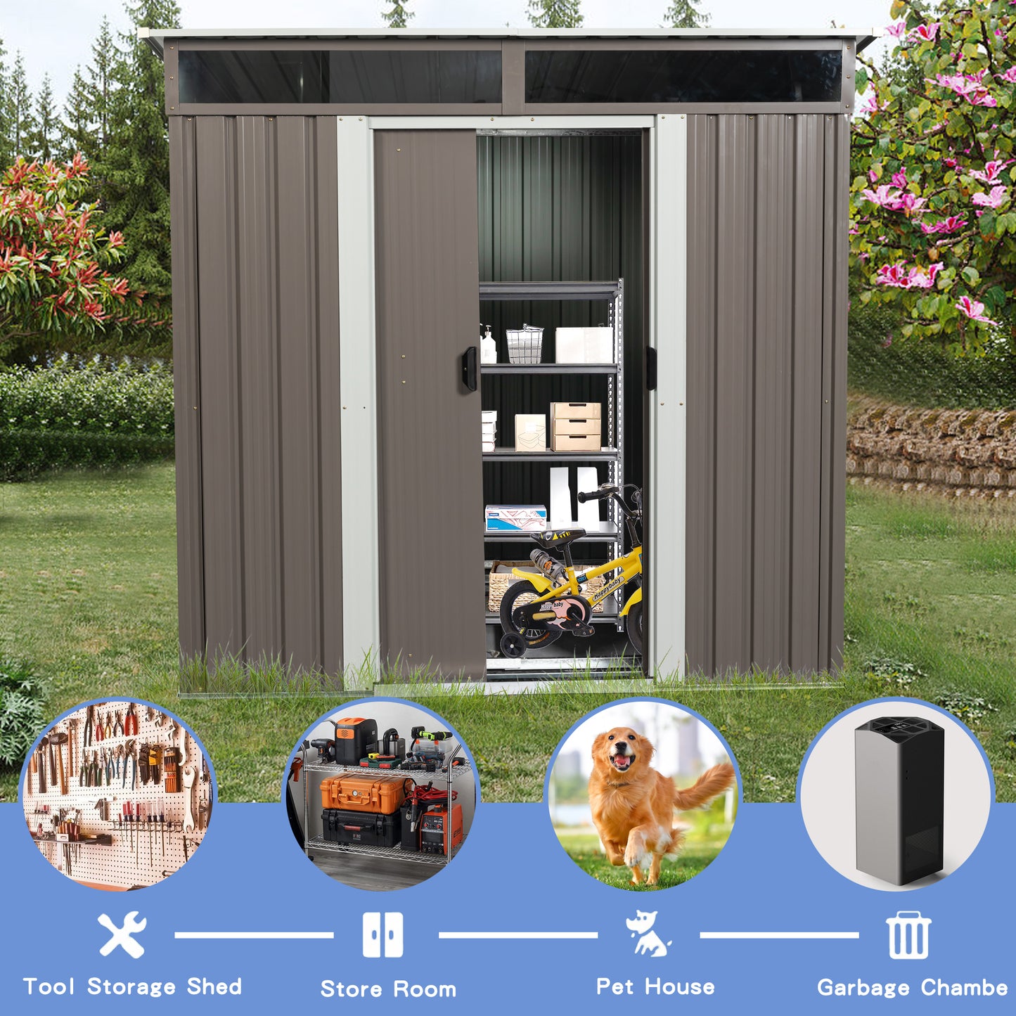 6ft x 5ft Outdoor Metal Storage Shed With Window and Transparent Plate- Gray_3