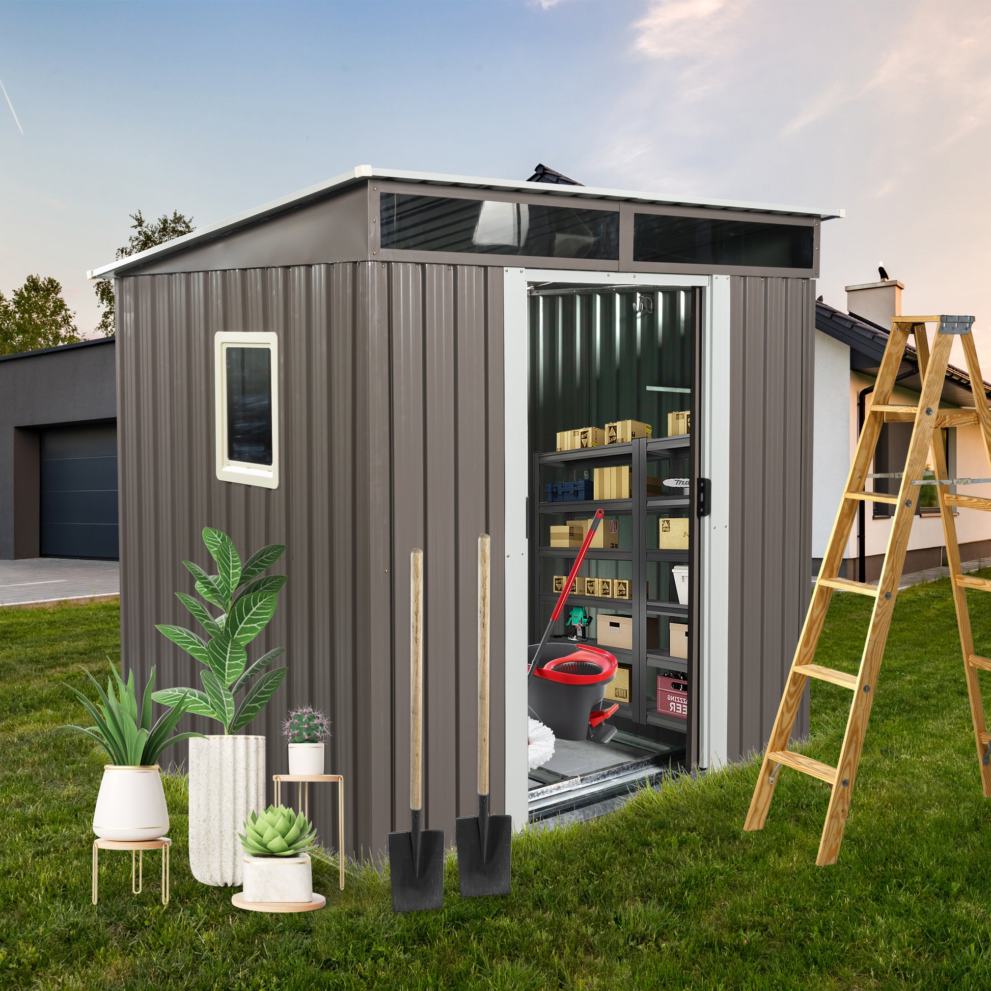 6ft x 5ft Outdoor Metal Storage Shed With Window and Transparent Plate- Gray_1
