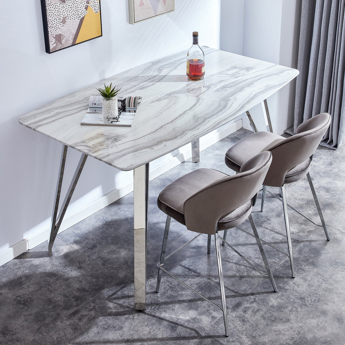 Modern Counter Height Rectangular Glass Dining Table with Silver Plated Legs_4