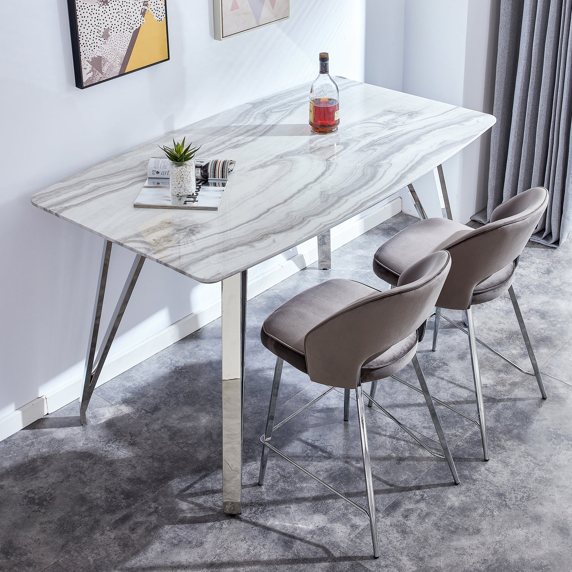 Modern Counter Height Rectangular Glass Dining Table with Silver Plated Legs_4
