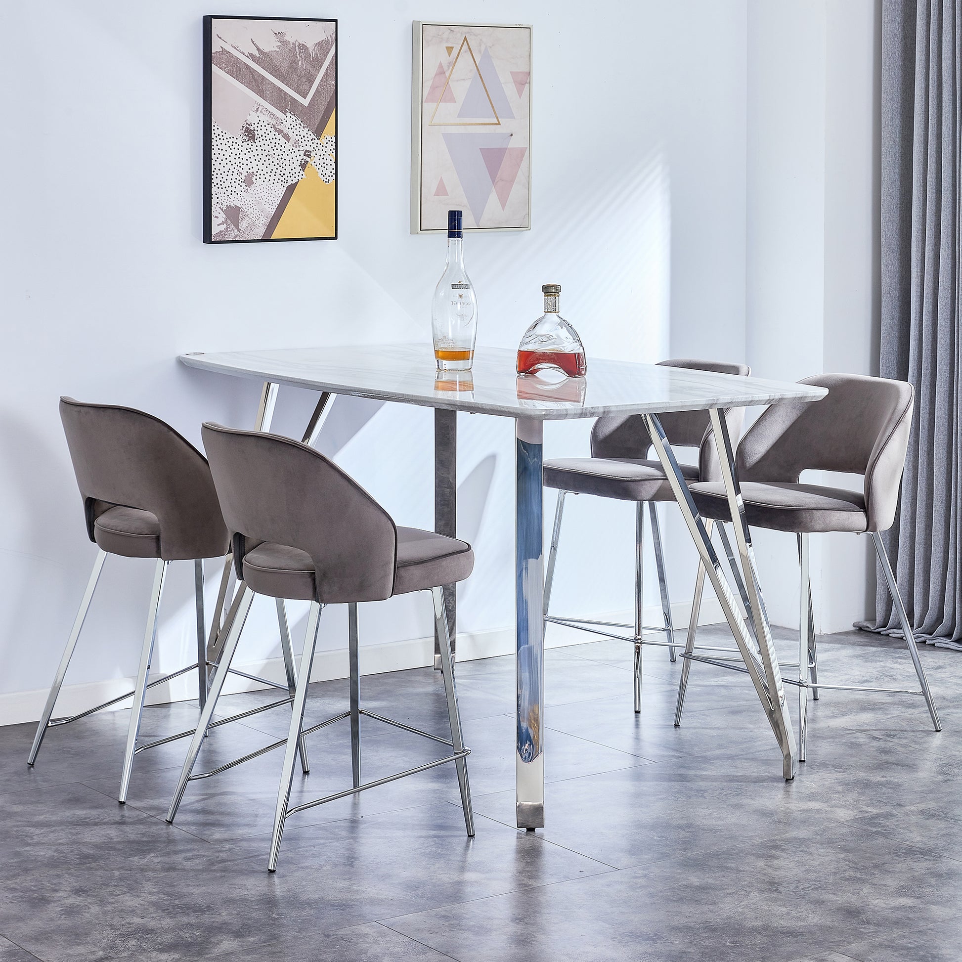 Modern Counter Height Rectangular Glass Dining Table with Silver Plated Legs_6