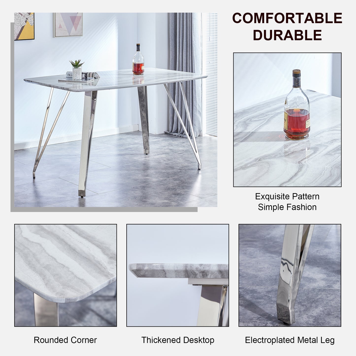 Modern Counter Height Rectangular Glass Dining Table with Silver Plated Legs_8