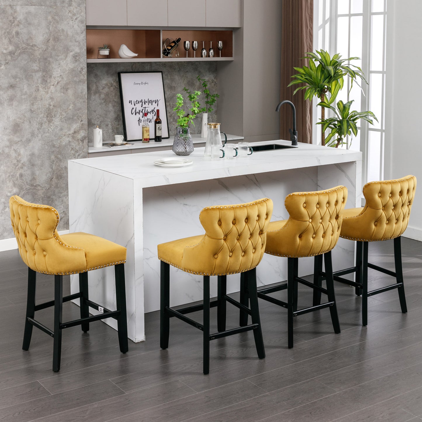 2pcs Chrome Accent Wingback Bar Stools Tufted Velvet with Nailhead and Black Legs- Gold, Black_1