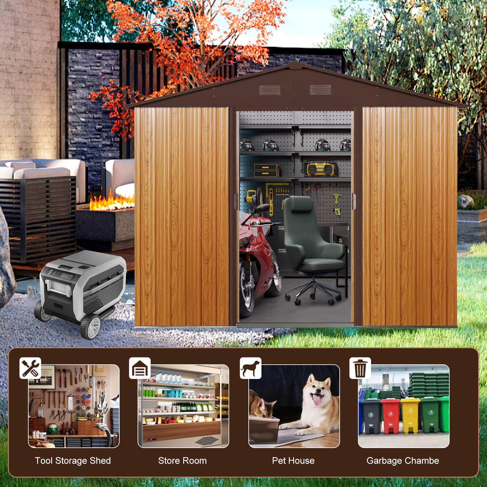 6ft x 8ft Outdoor Metal Storage Shed with Metal Floor Base and Ventilation- Coffee_3