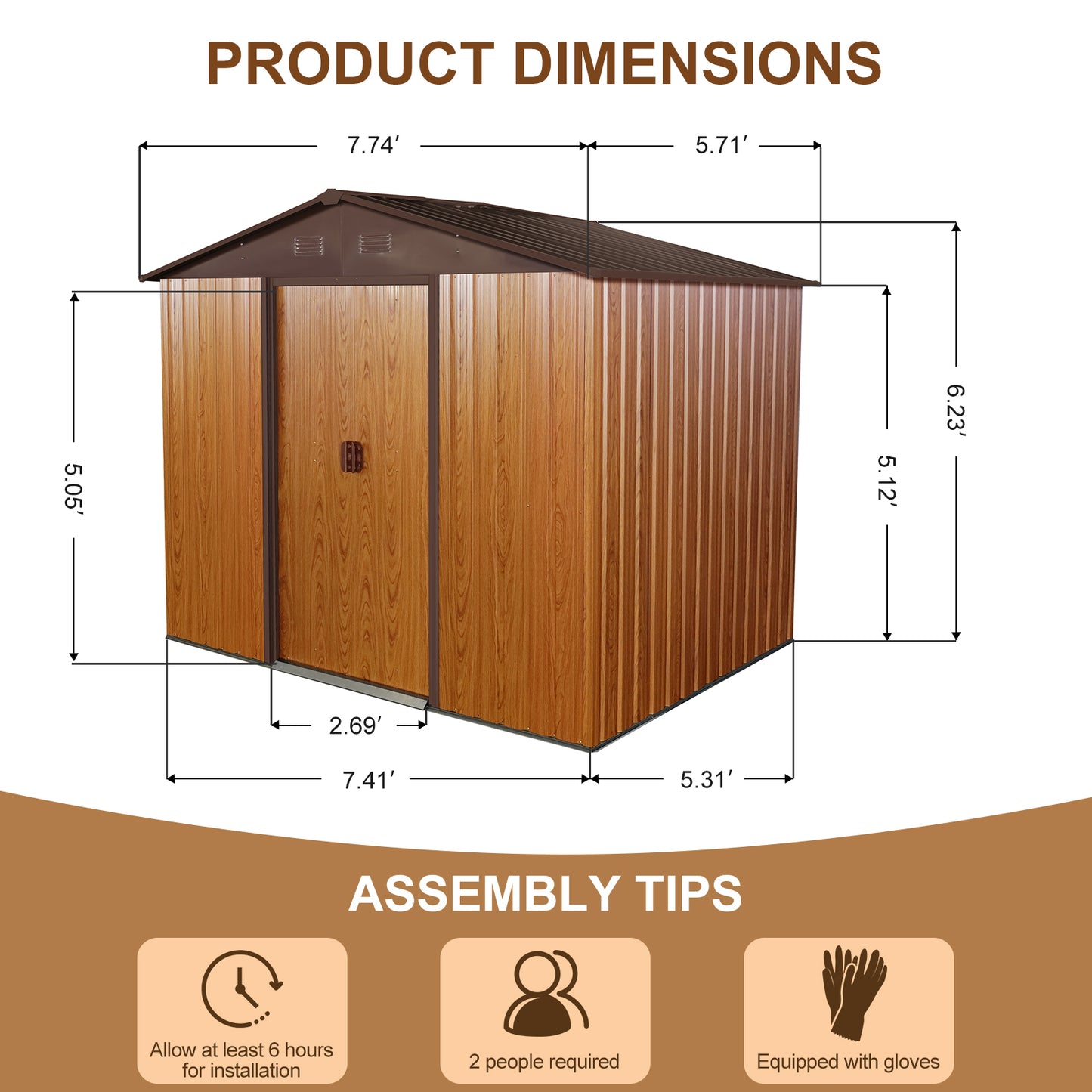 6ft x 8ft Outdoor Metal Storage Shed with Metal Floor Base and Ventilation- Coffee_7