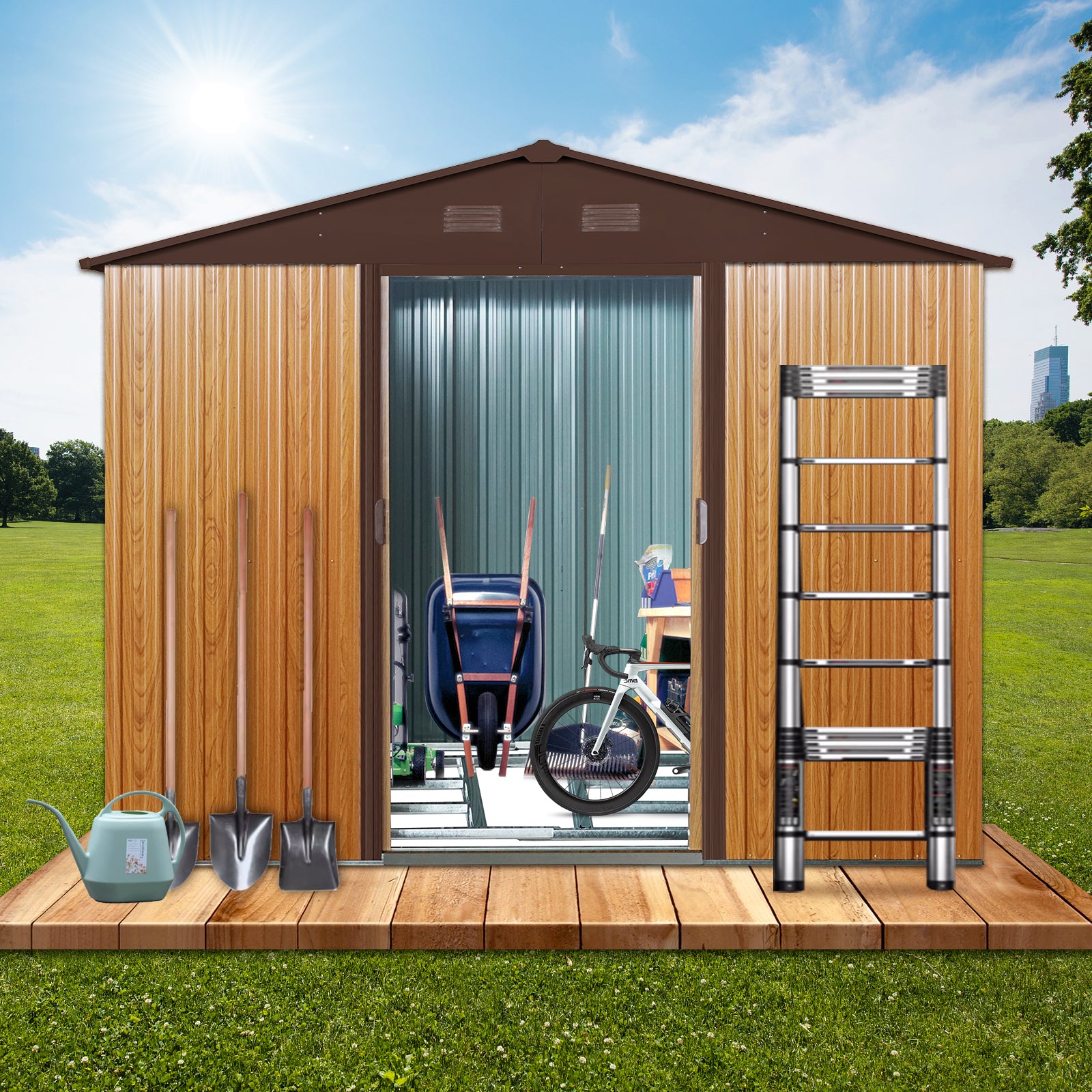 6ft x 8ft Outdoor Metal Storage Shed with Metal Floor Base and Ventilation- Coffee_0