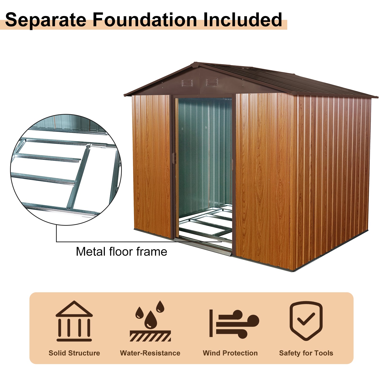 6ft x 8ft Outdoor Metal Storage Shed with Metal Floor Base and Ventilation- Coffee_6