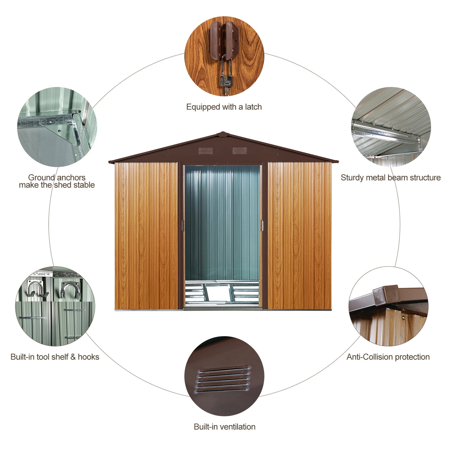 6ft x 8ft Outdoor Metal Storage Shed with Metal Floor Base and Ventilation- Coffee_5
