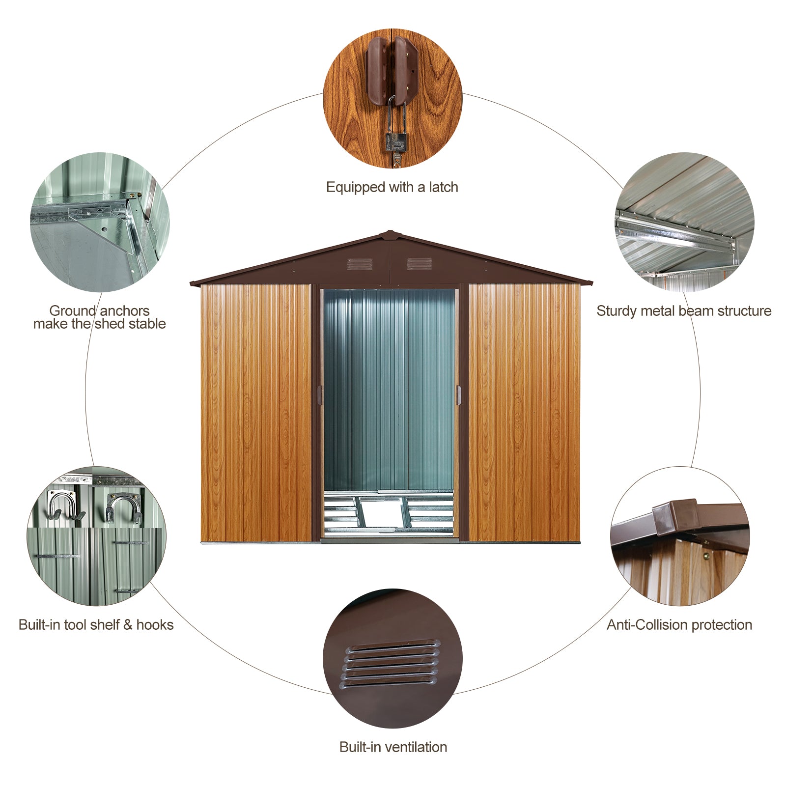 6ft x 8ft Outdoor Metal Storage Shed with Metal Floor Base and Ventilation- Coffee_5